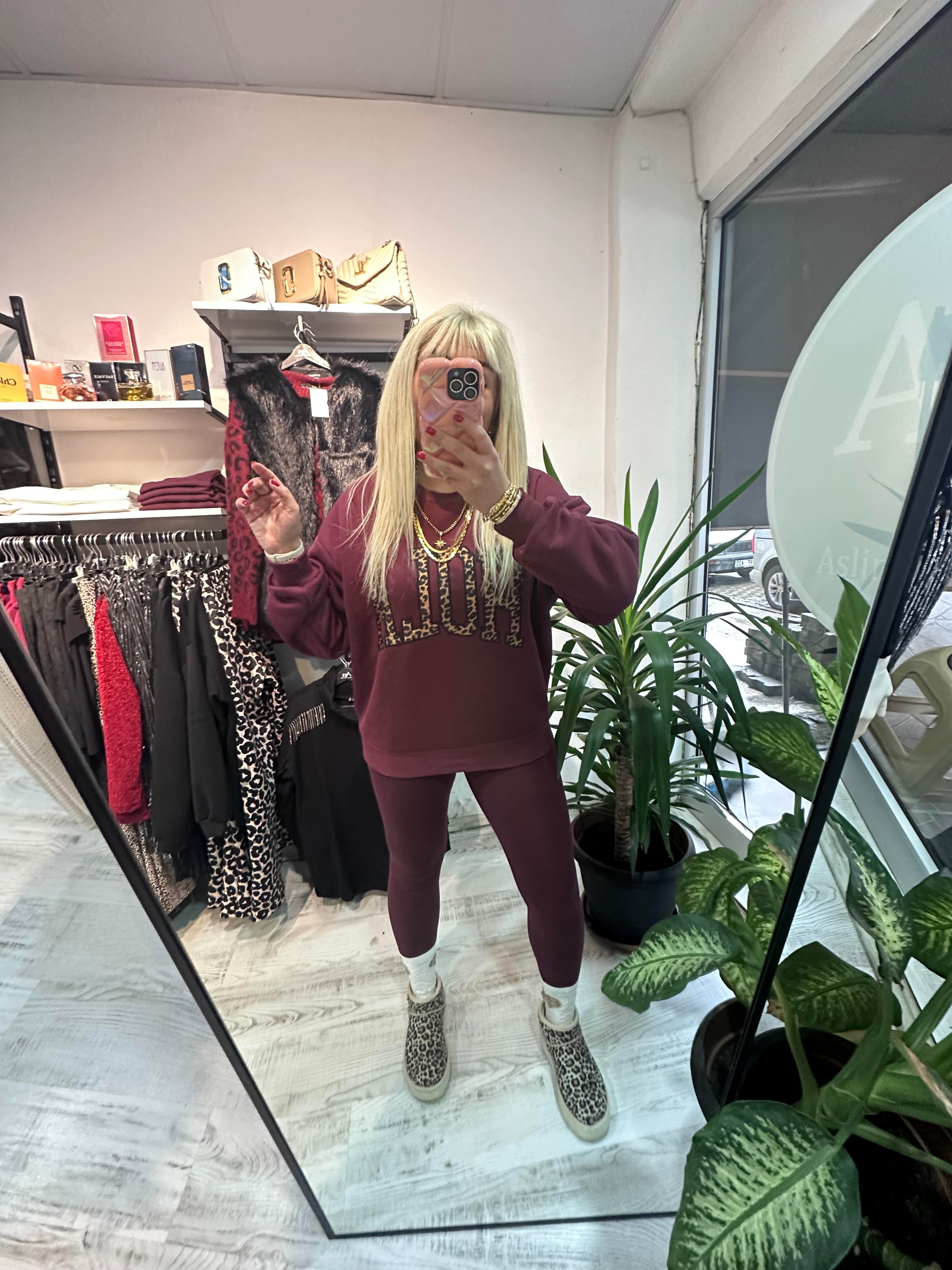 Bordo Leopar Detaylı Hola Sweat