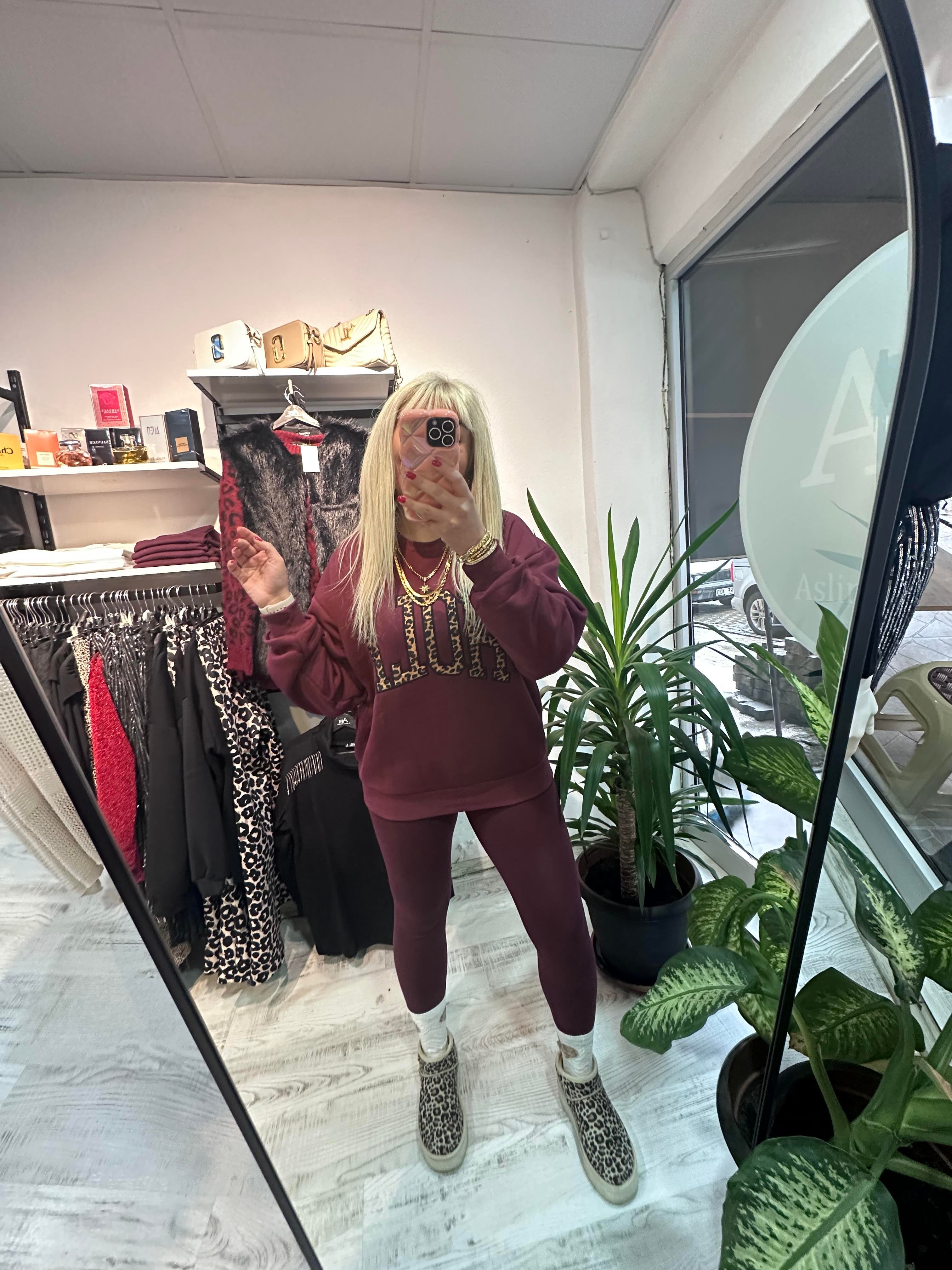 Bordo Leopar Detaylı Hola Sweat