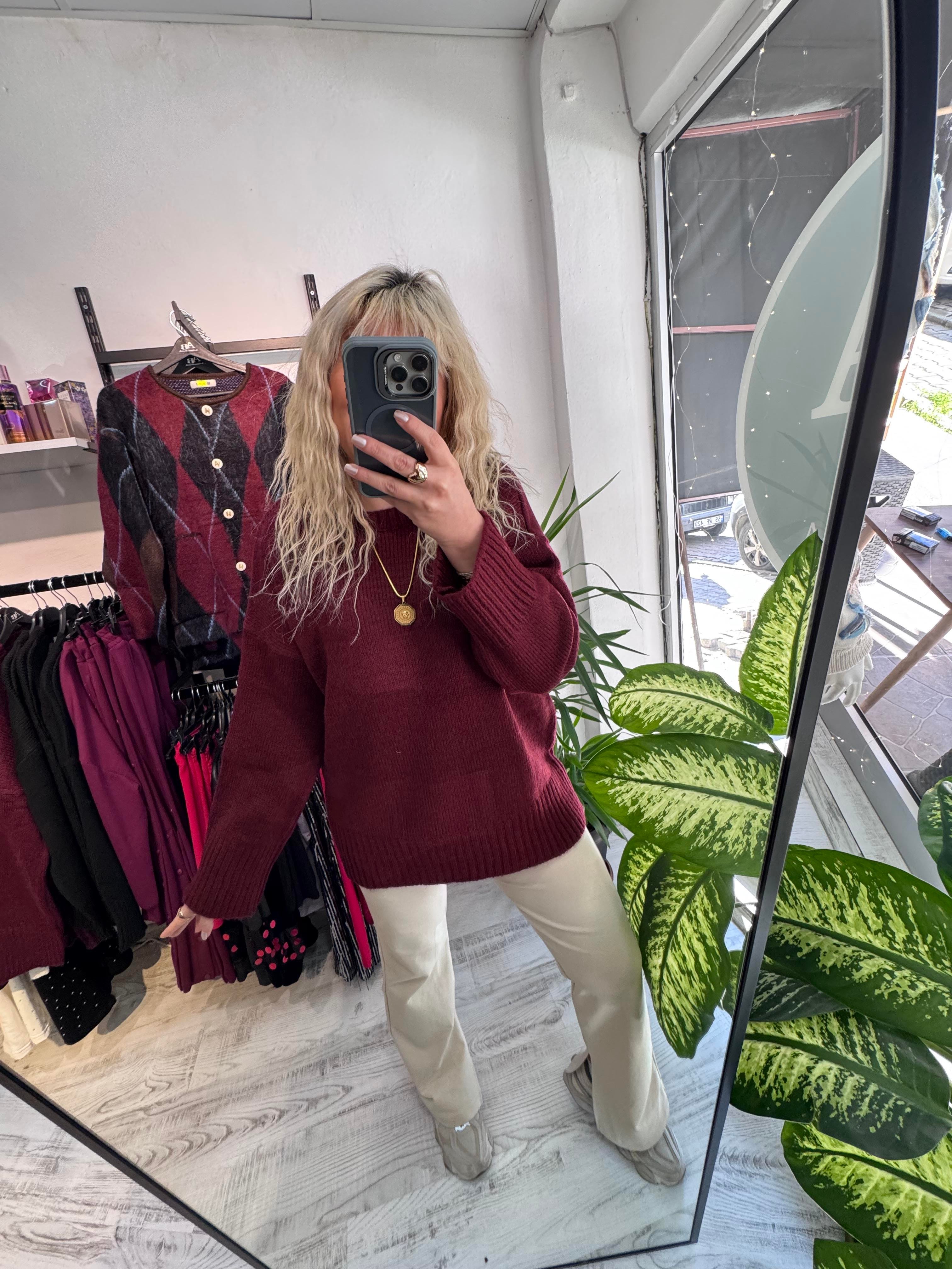 Bordo Premium Kalite Oversize Kazak