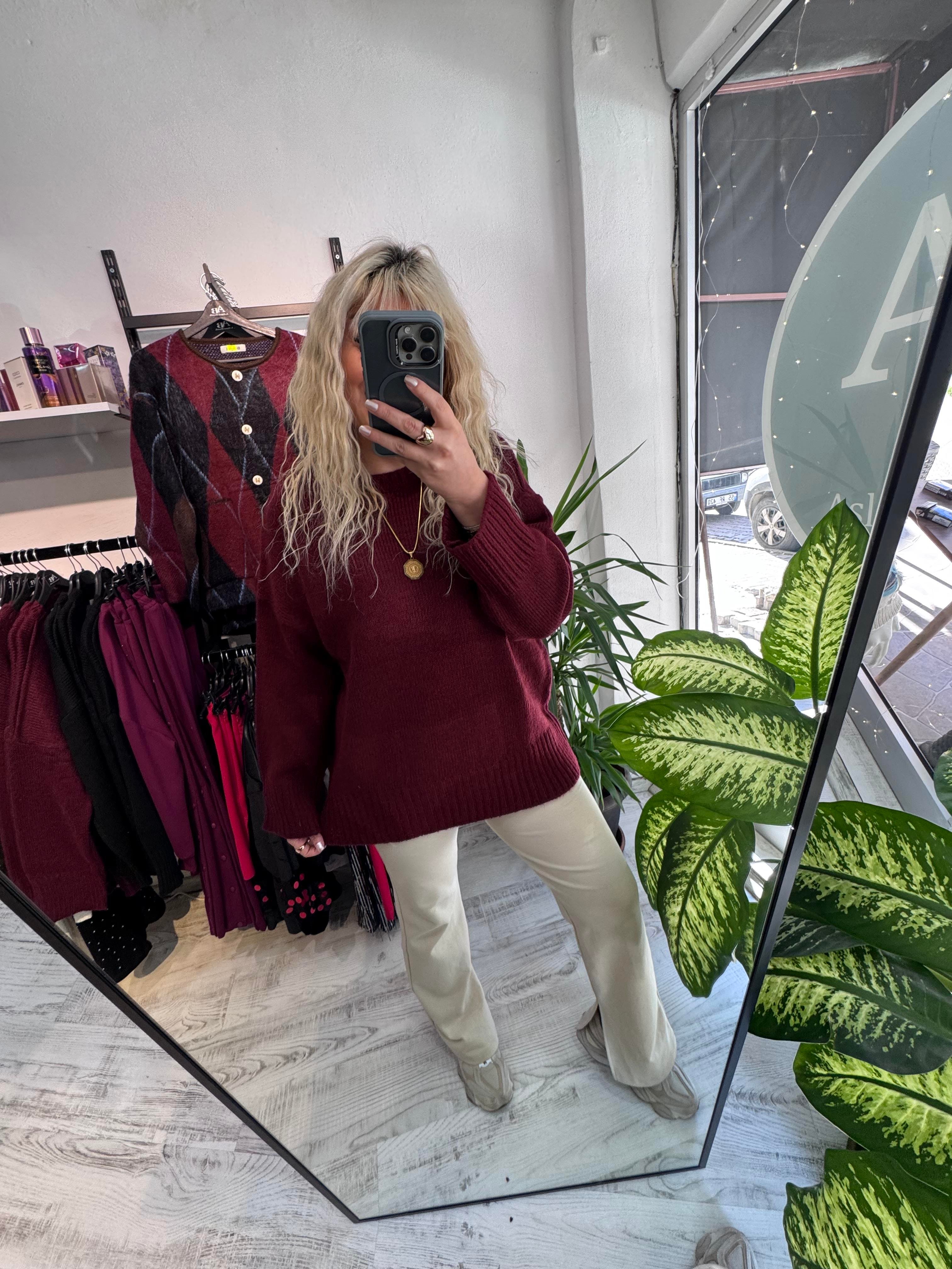 Bordo Premium Kalite Oversize Kazak