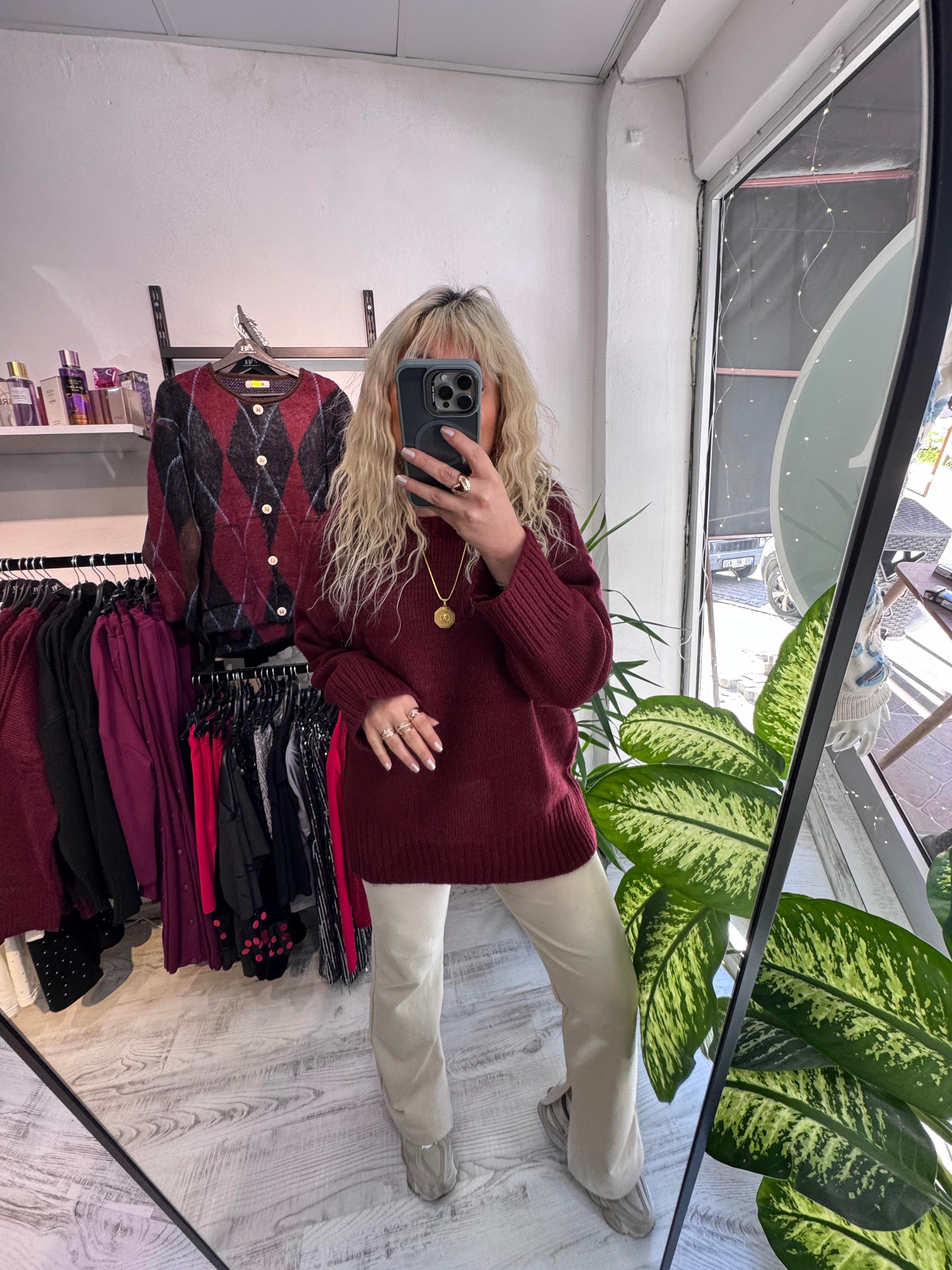 Bordo Premium Kalite Oversize Kazak