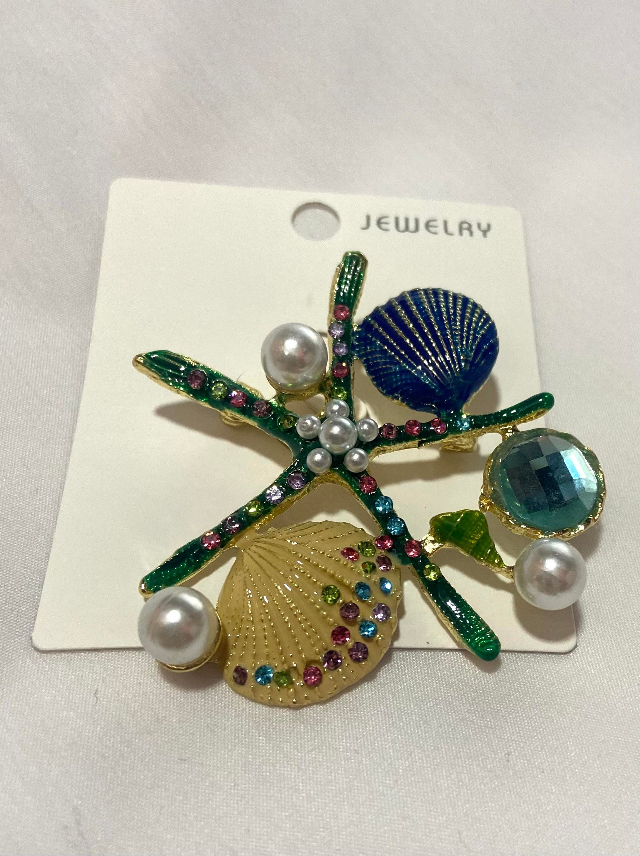 Deniz Yıldızı İncili Yeşil Broş