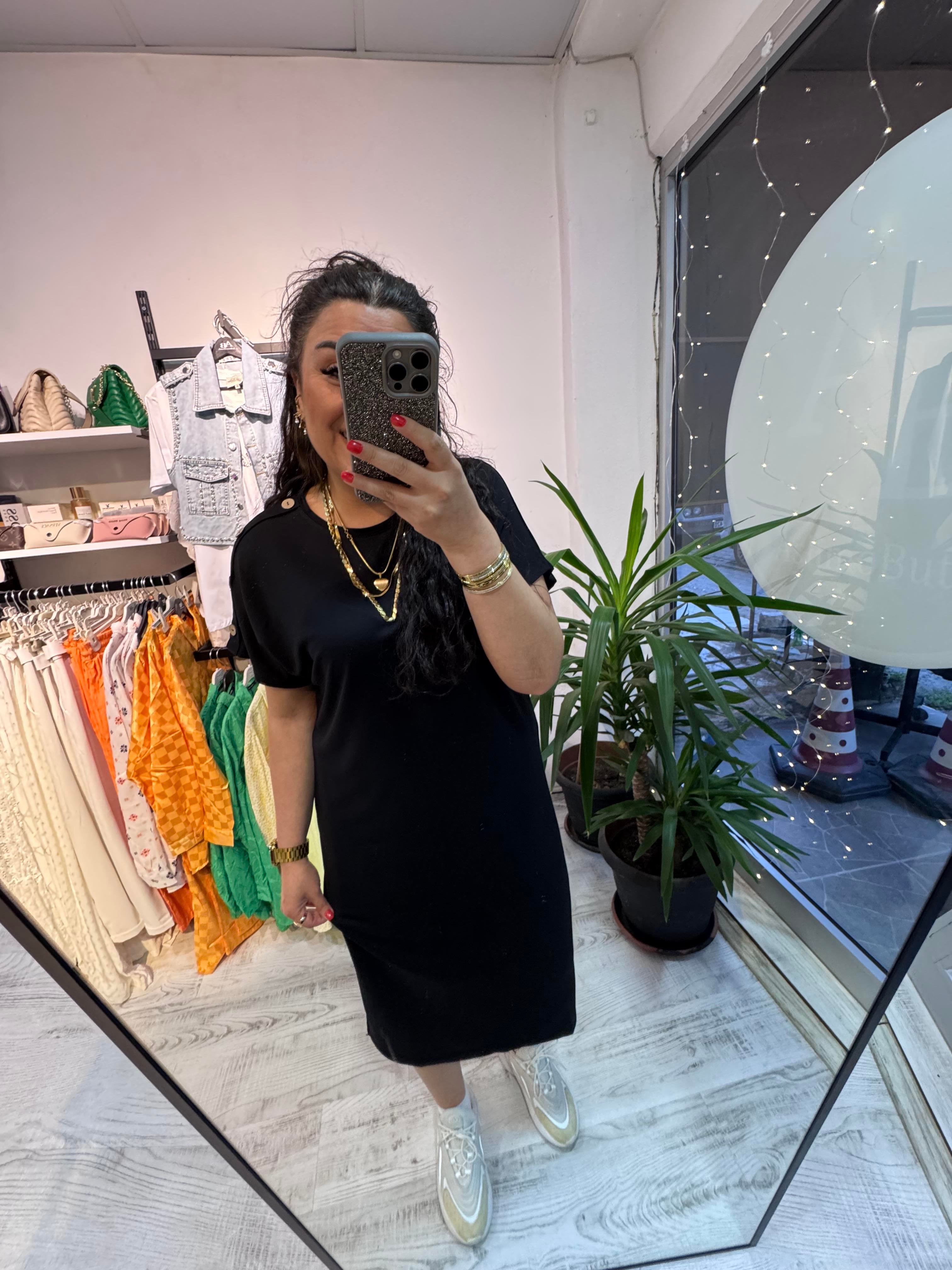 Düğme Detaylı Modal Kumaş Siyah Basic Elbise