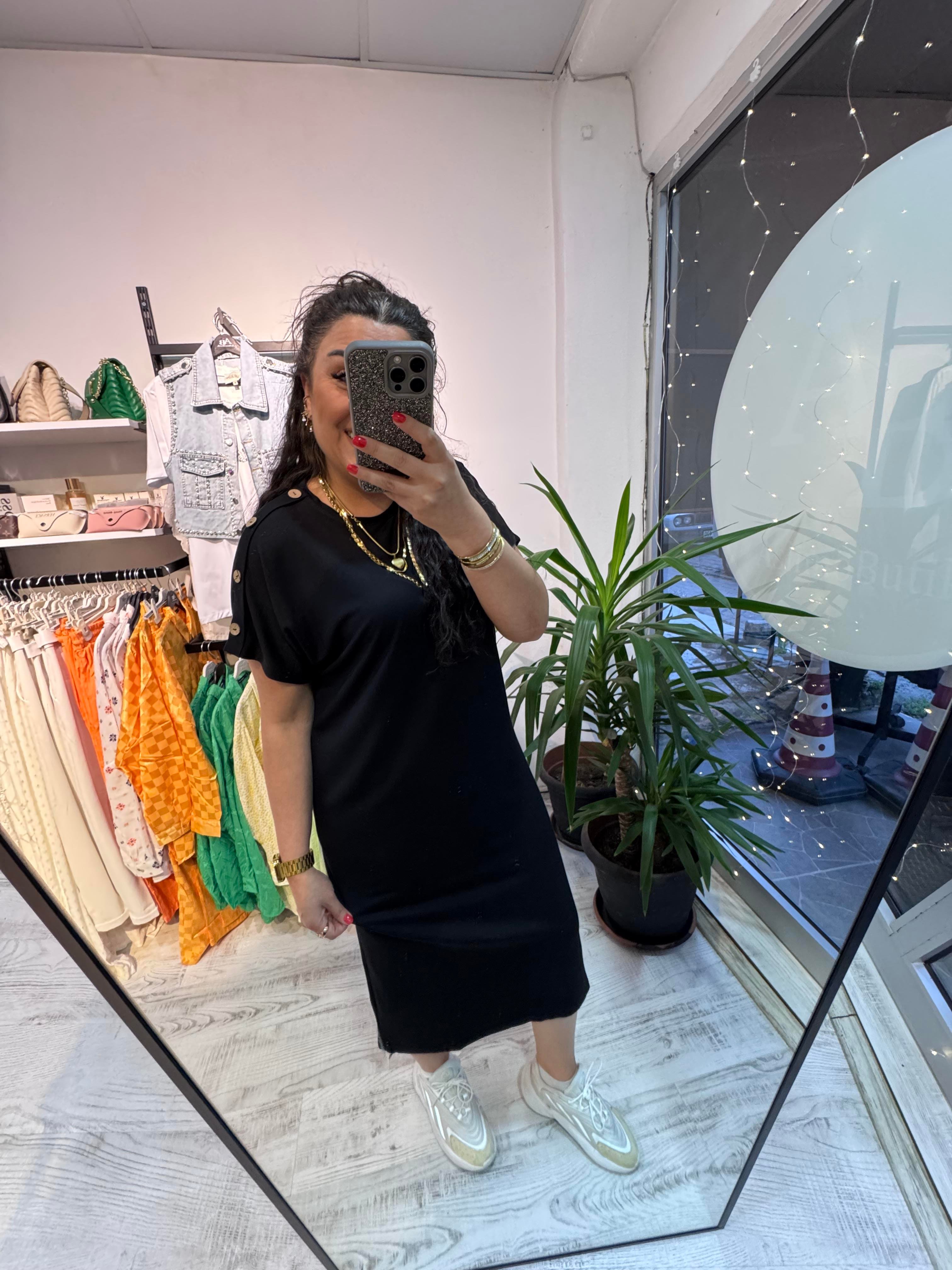 Düğme Detaylı Modal Kumaş Siyah Basic Elbise