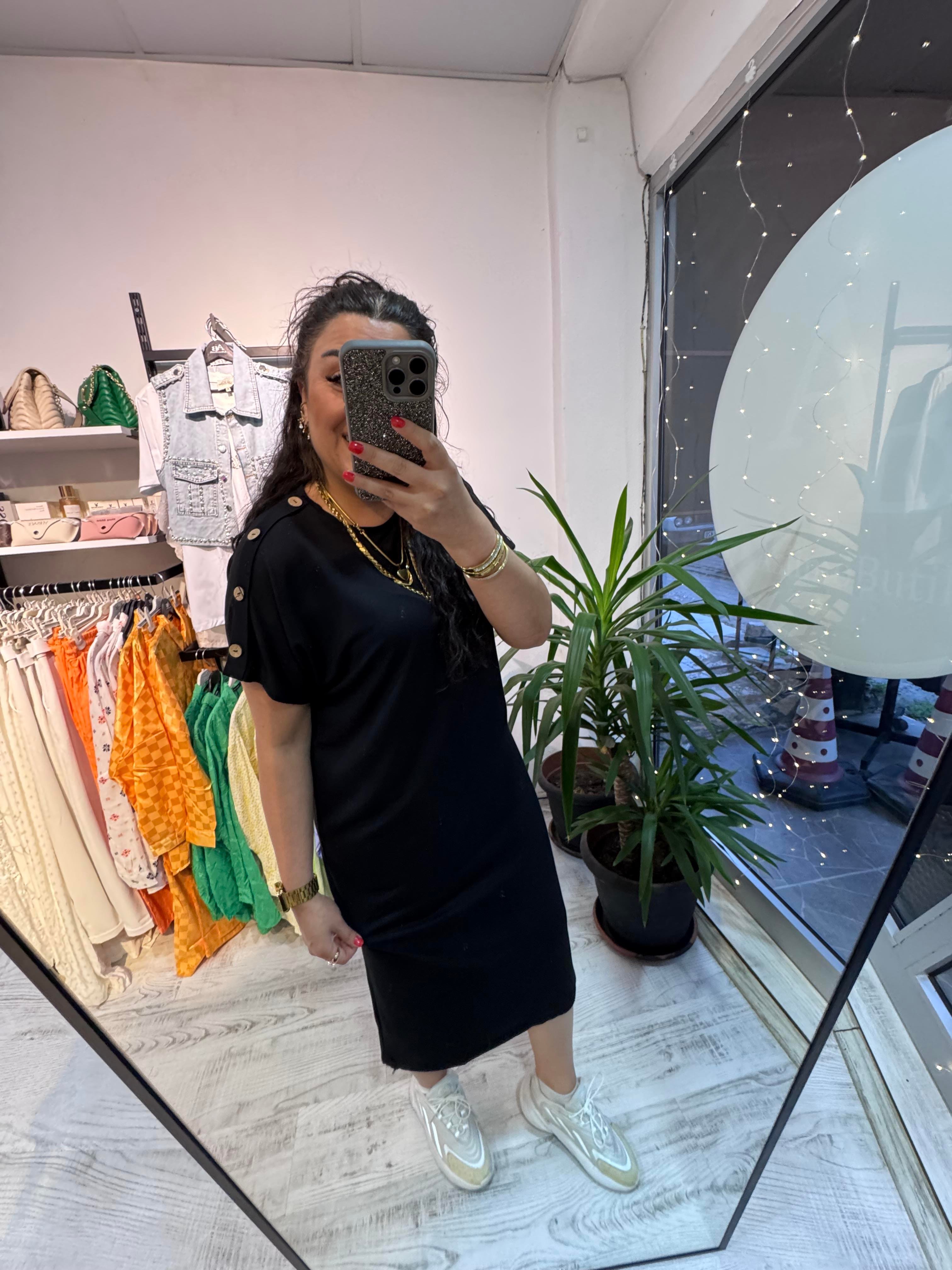 Düğme Detaylı Modal Kumaş Siyah Basic Elbise