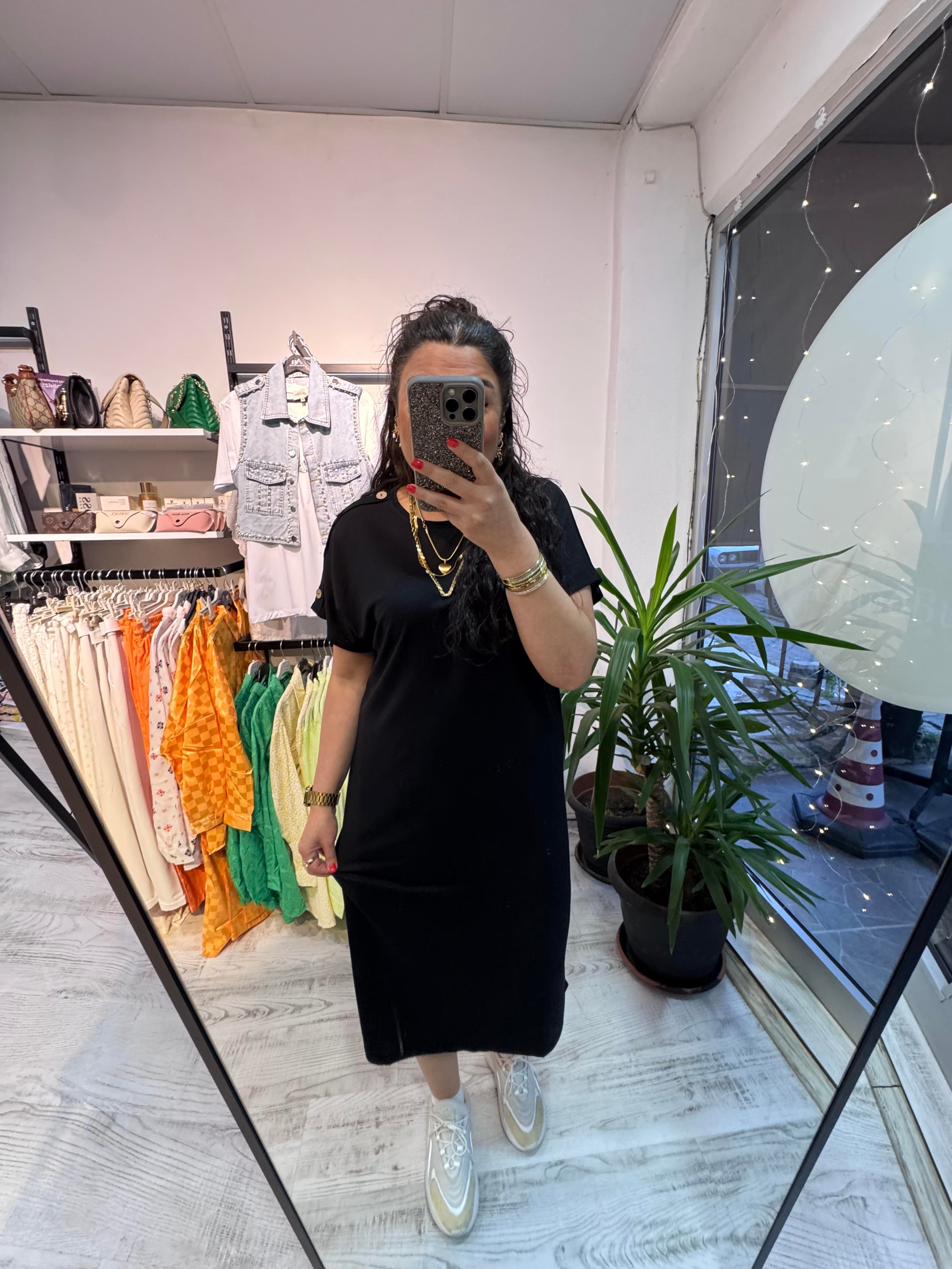 Düğme Detaylı Modal Kumaş Siyah Basic Elbise