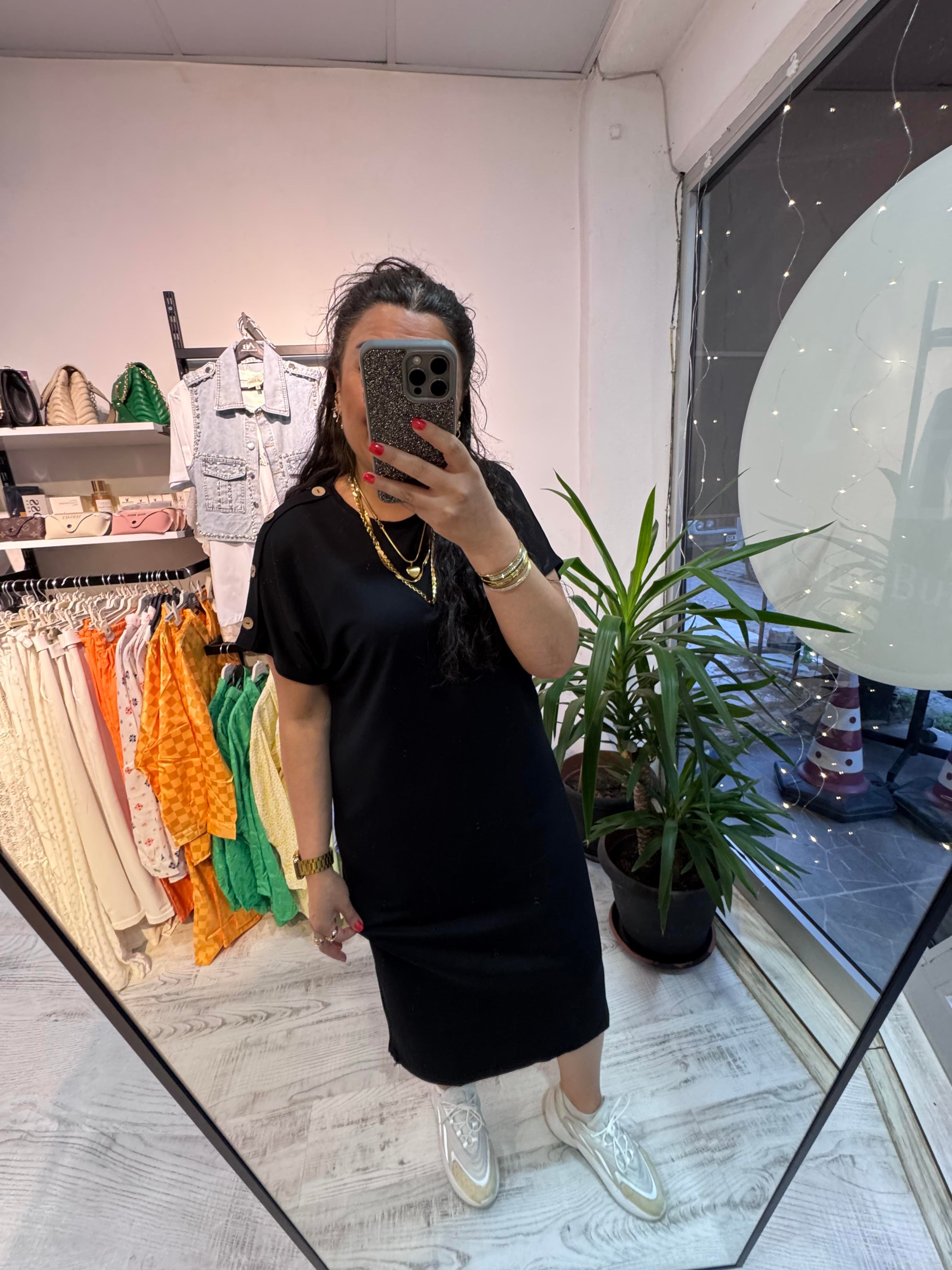 Düğme Detaylı Modal Kumaş Siyah Basic Elbise