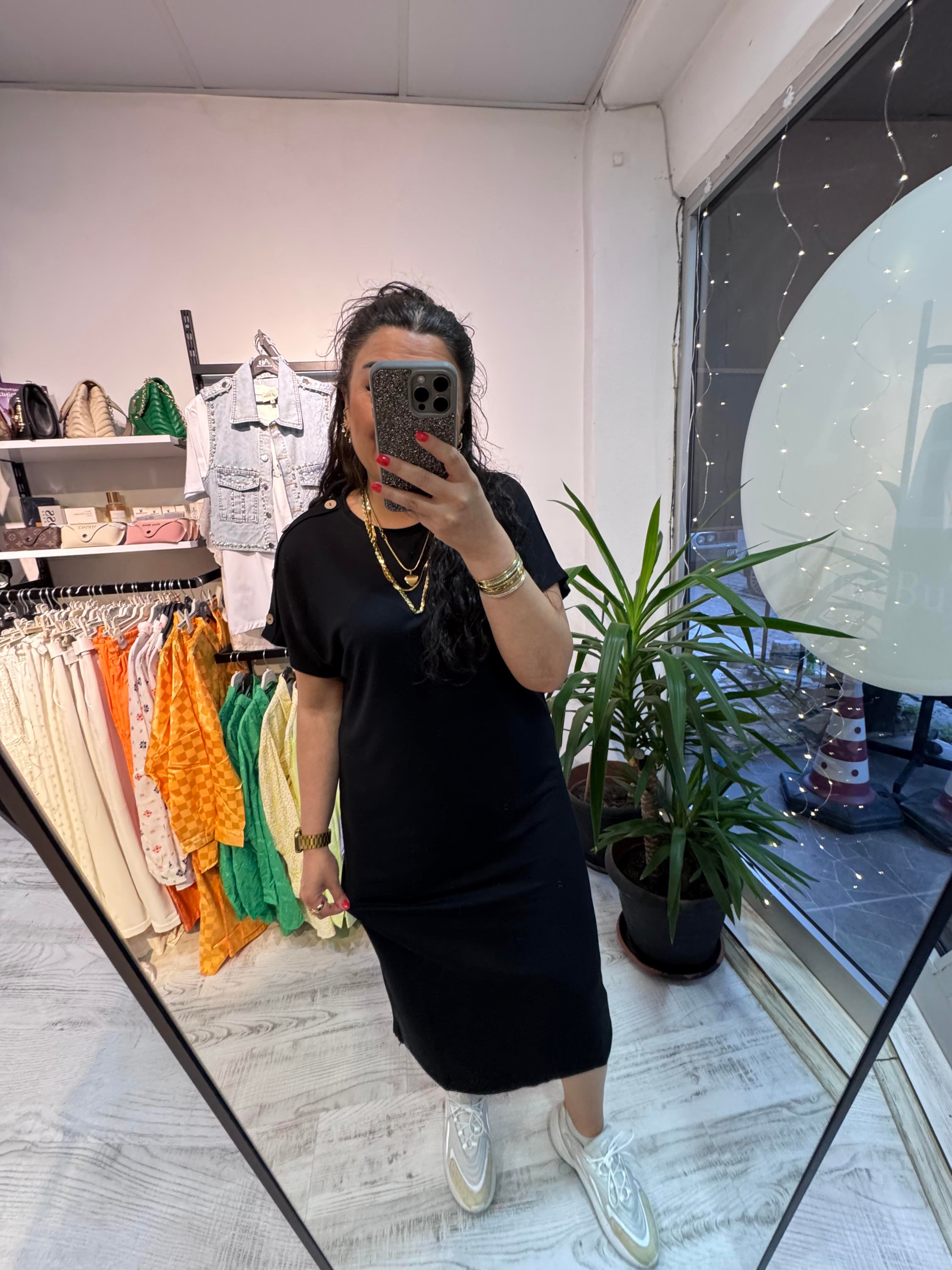 Düğme Detaylı Modal Kumaş Siyah Basic Elbise