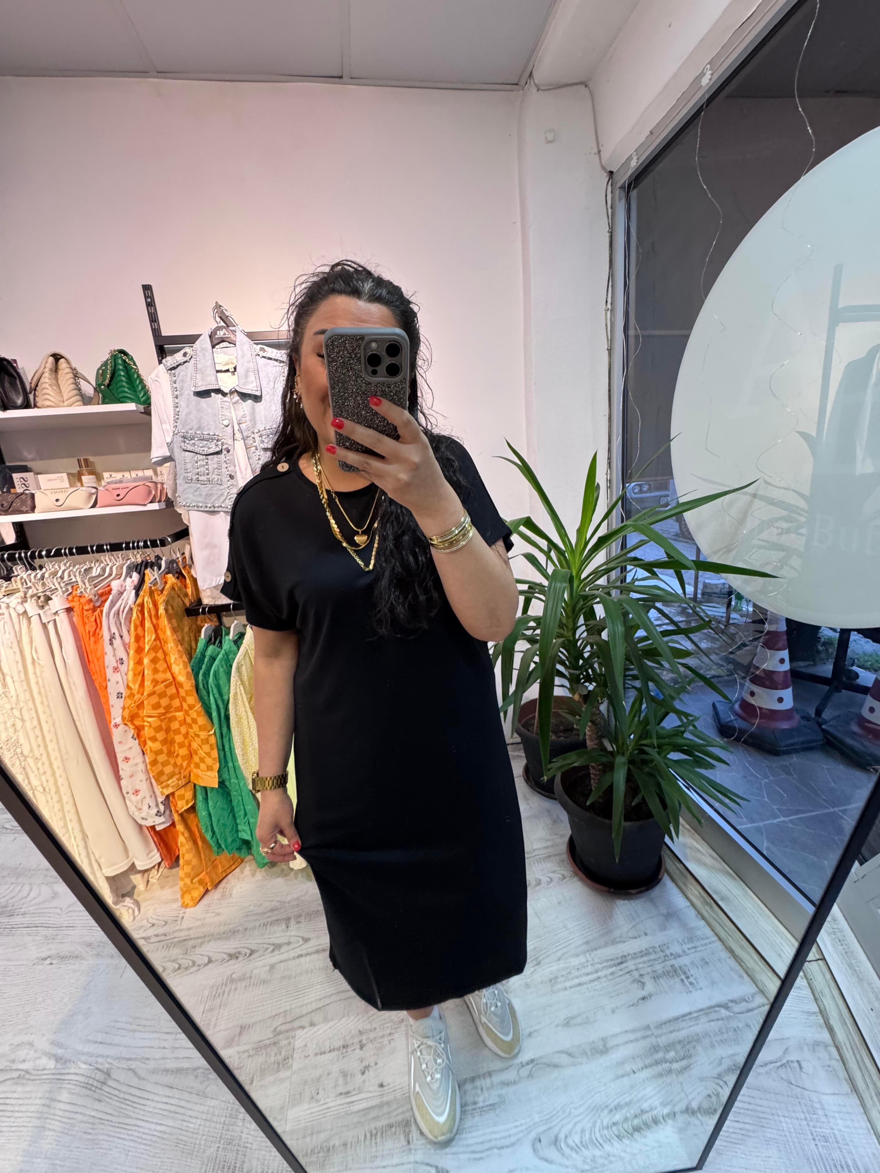 Düğme Detaylı Modal Kumaş Siyah Basic Elbise