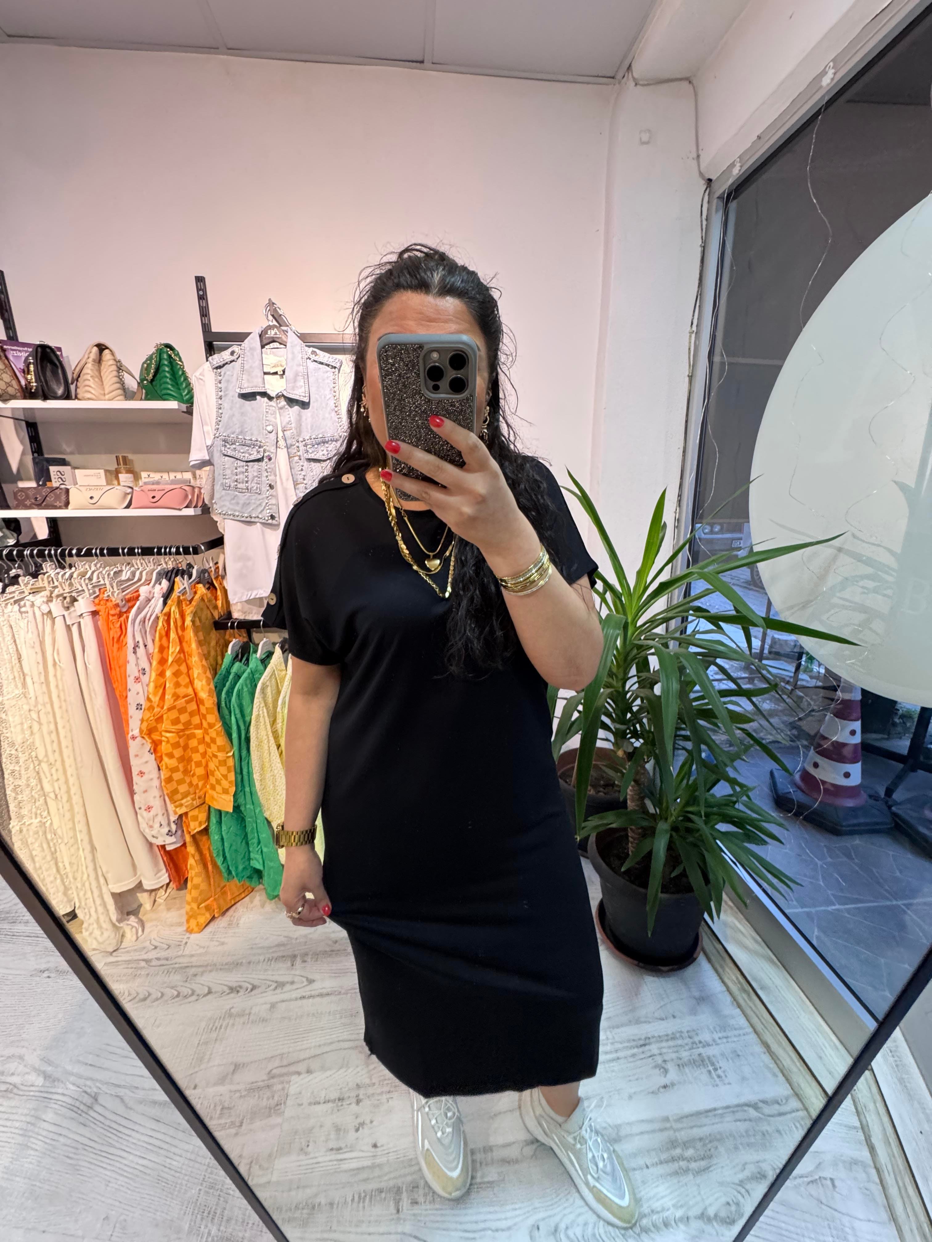 Düğme Detaylı Modal Kumaş Siyah Basic Elbise