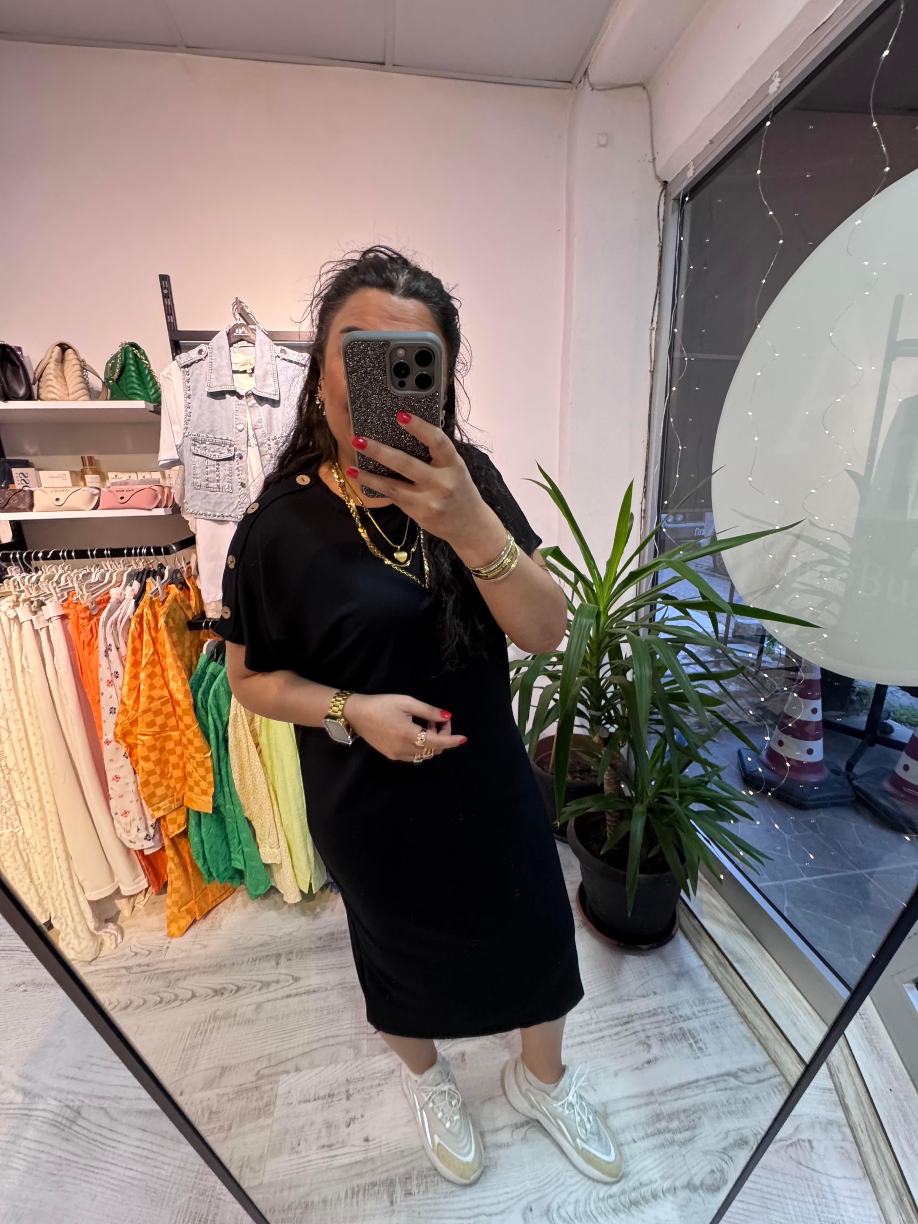 Düğme Detaylı Modal Kumaş Siyah Basic Elbise