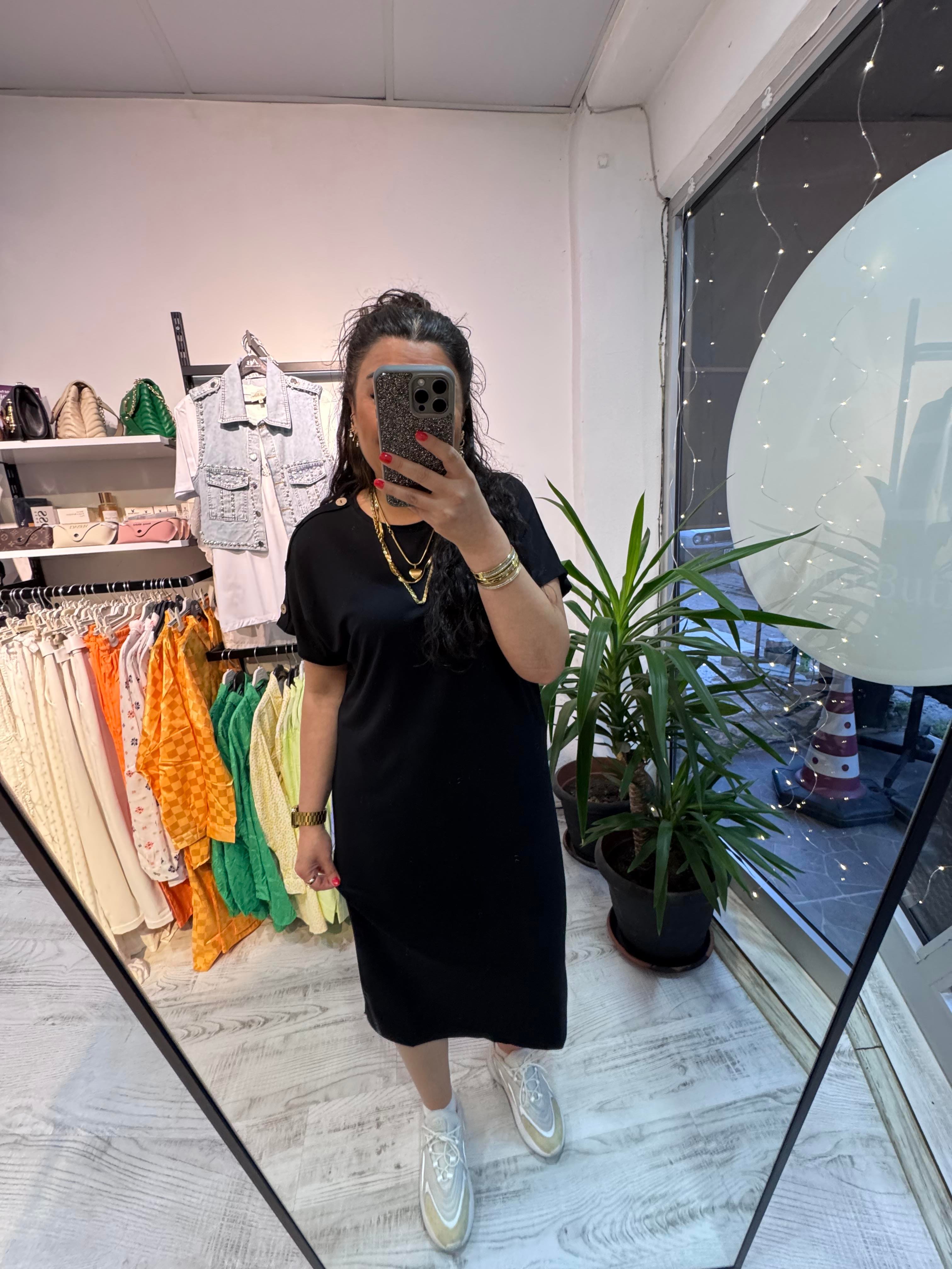 Düğme Detaylı Modal Kumaş Siyah Basic Elbise