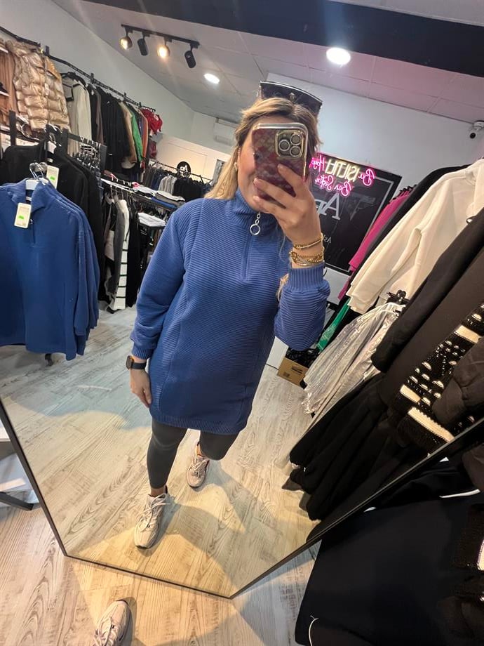 Fermuarlı Fitilli Mavi Sweat