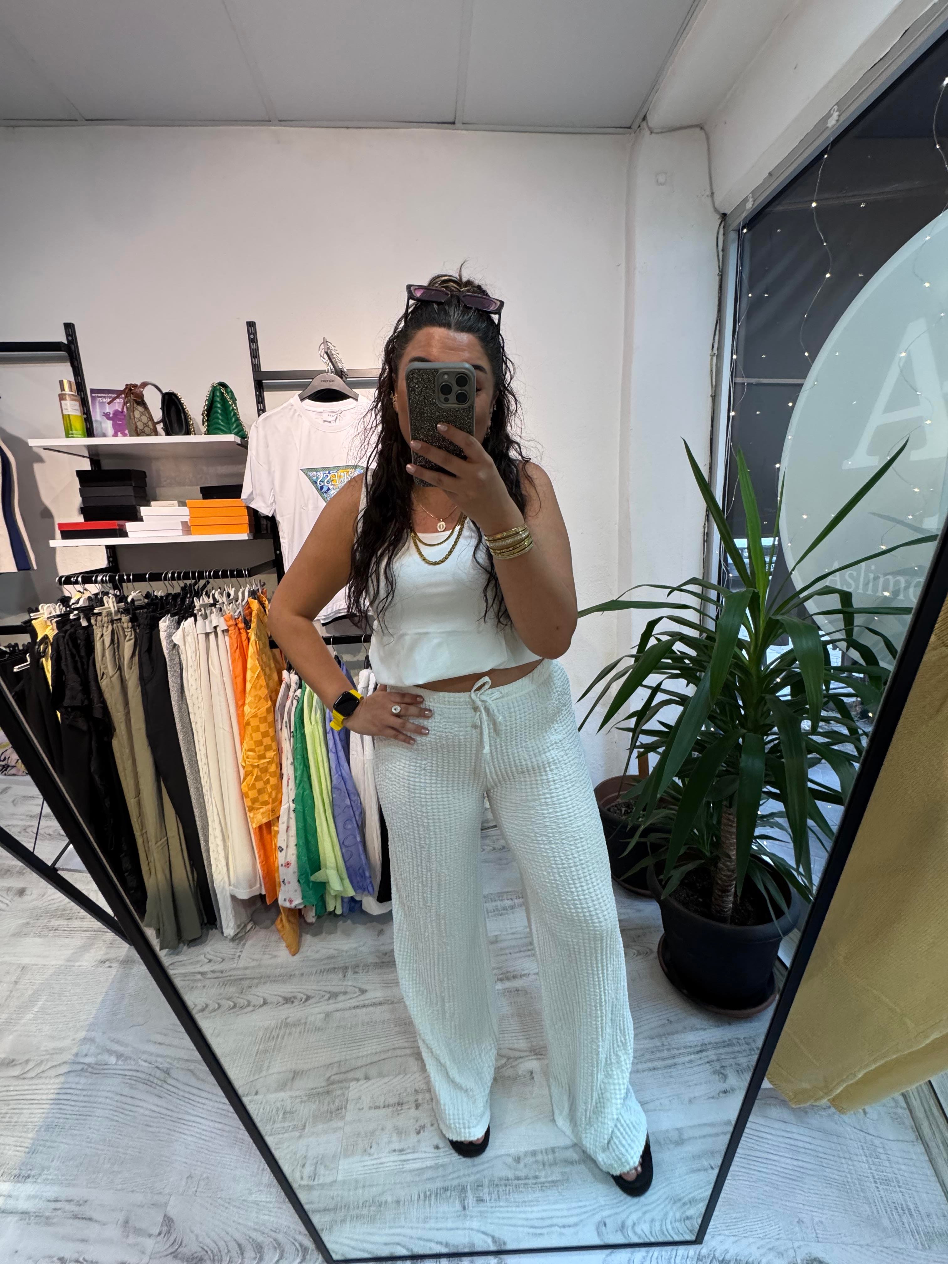 Goffre Kumaş Beyaz Pantolon