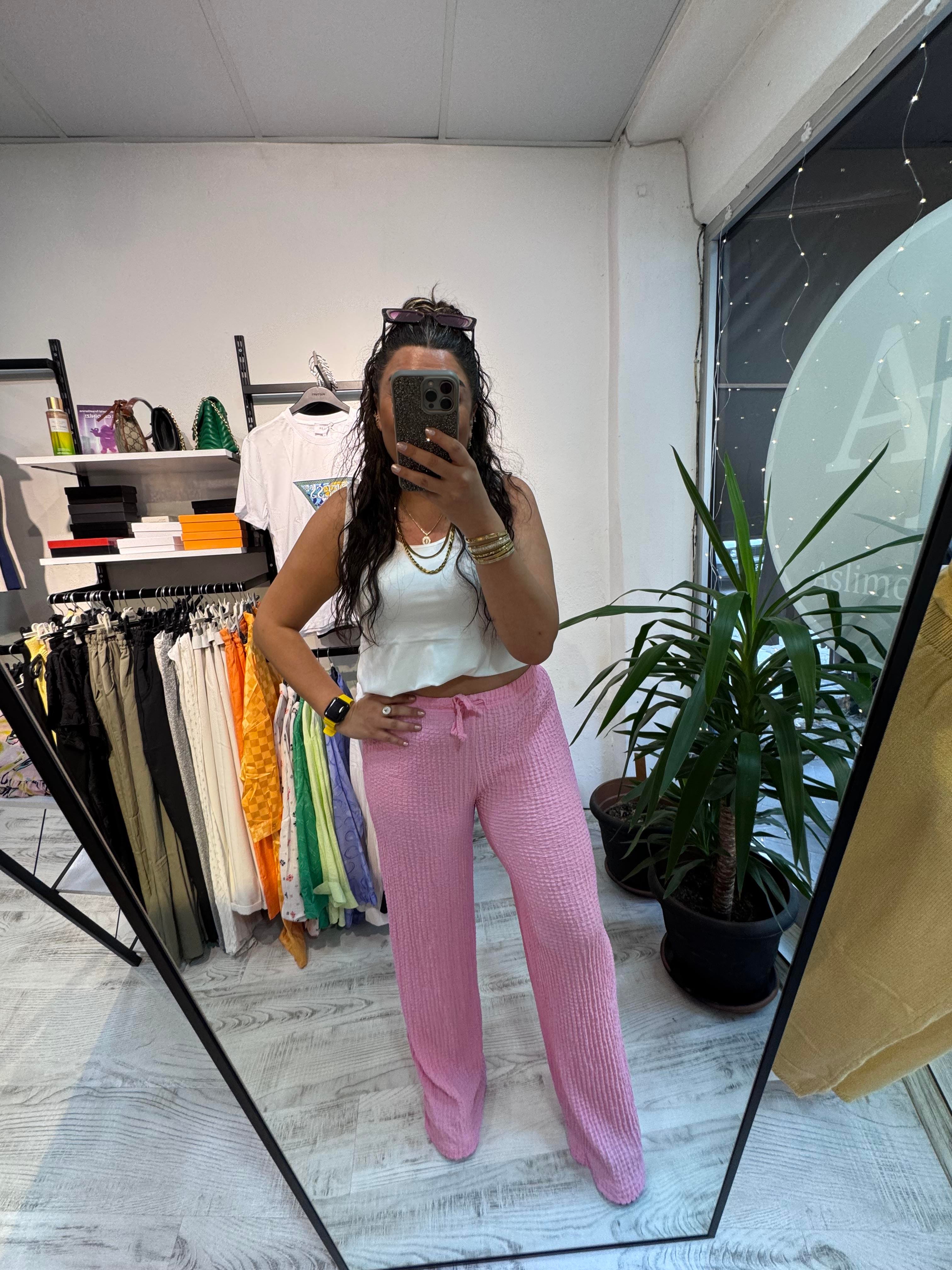 Goffre Kumaş Pembe Pantolon