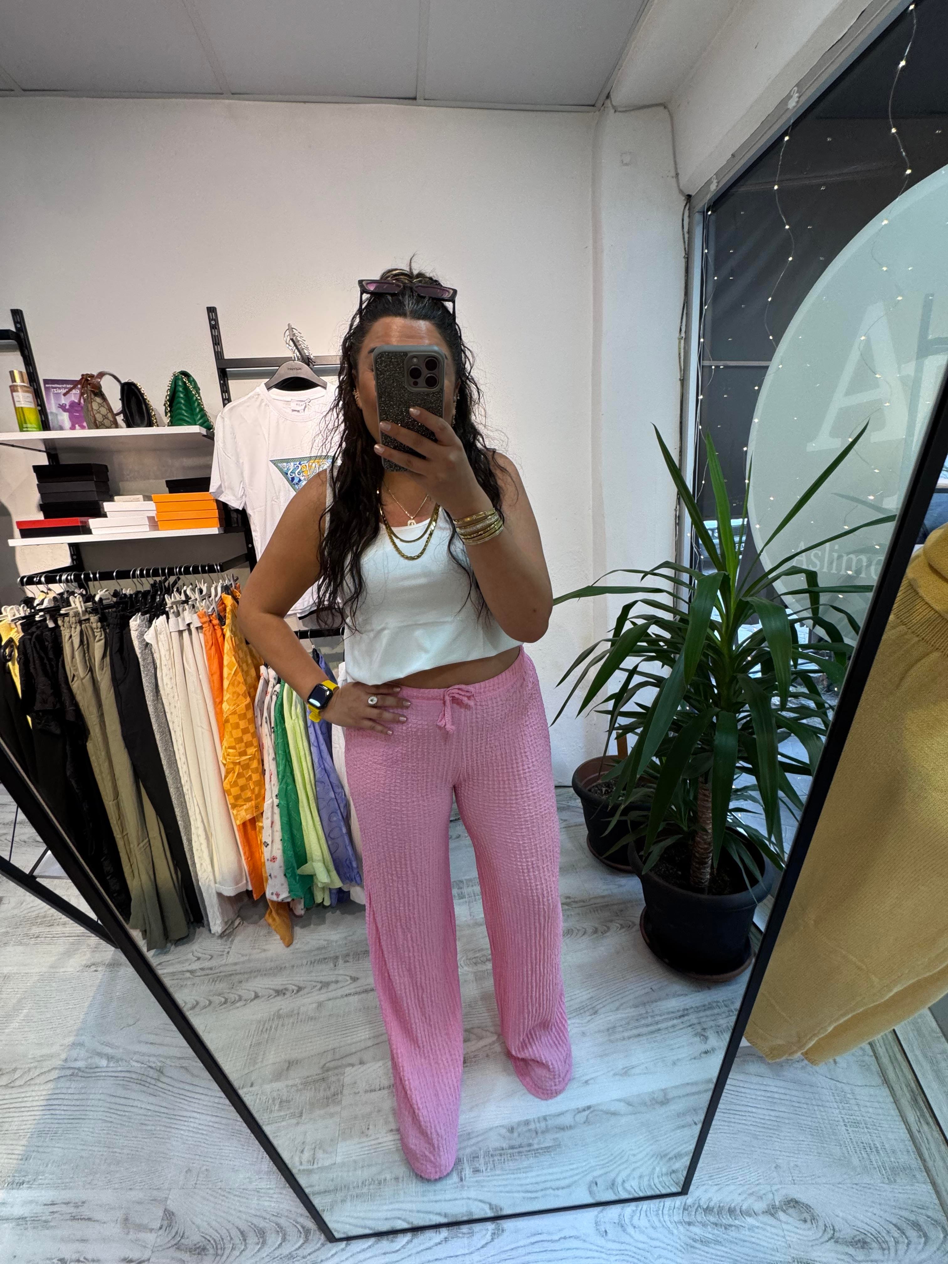 Goffre Kumaş Pembe Pantolon