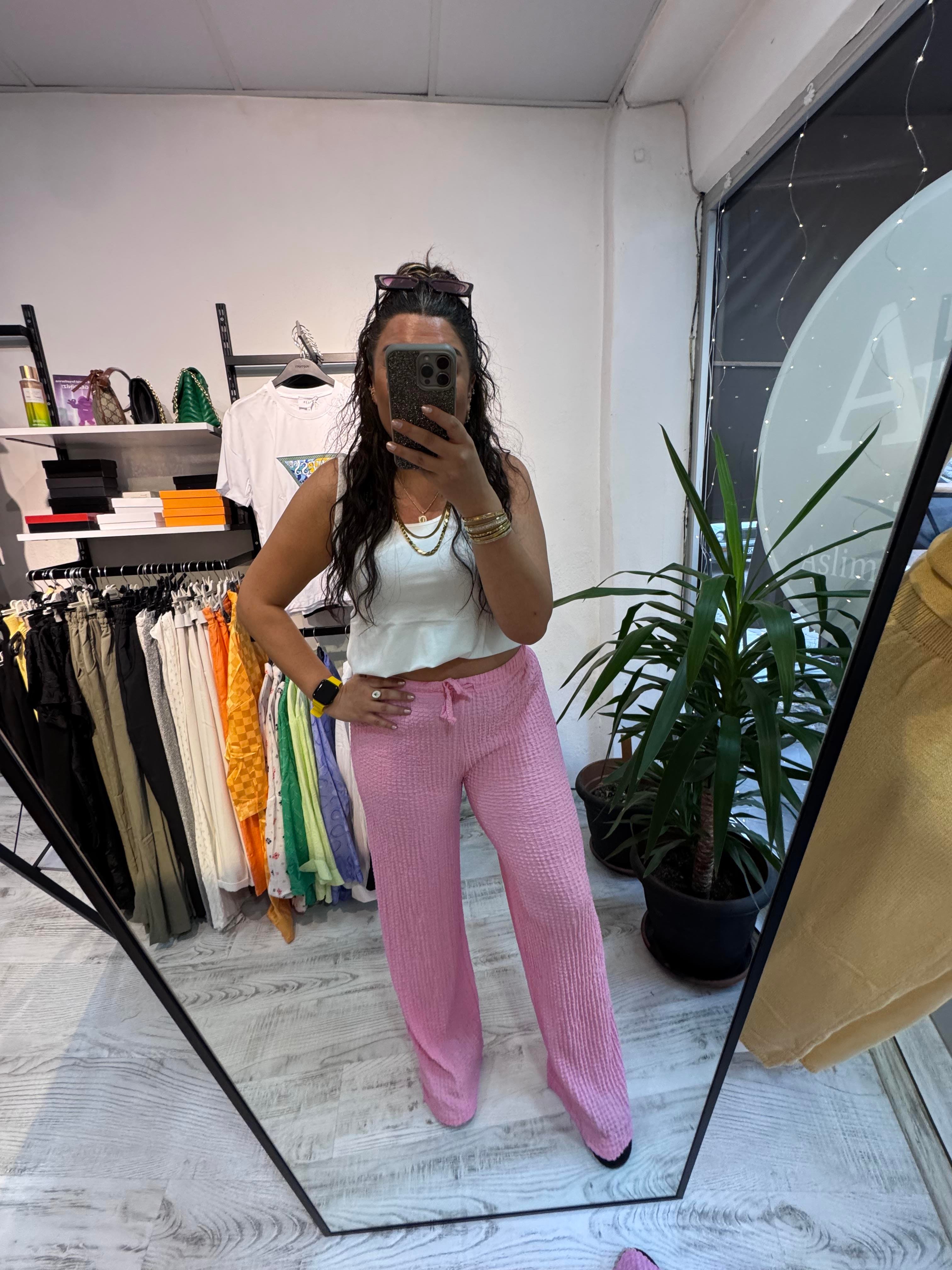 Goffre Kumaş Pembe Pantolon