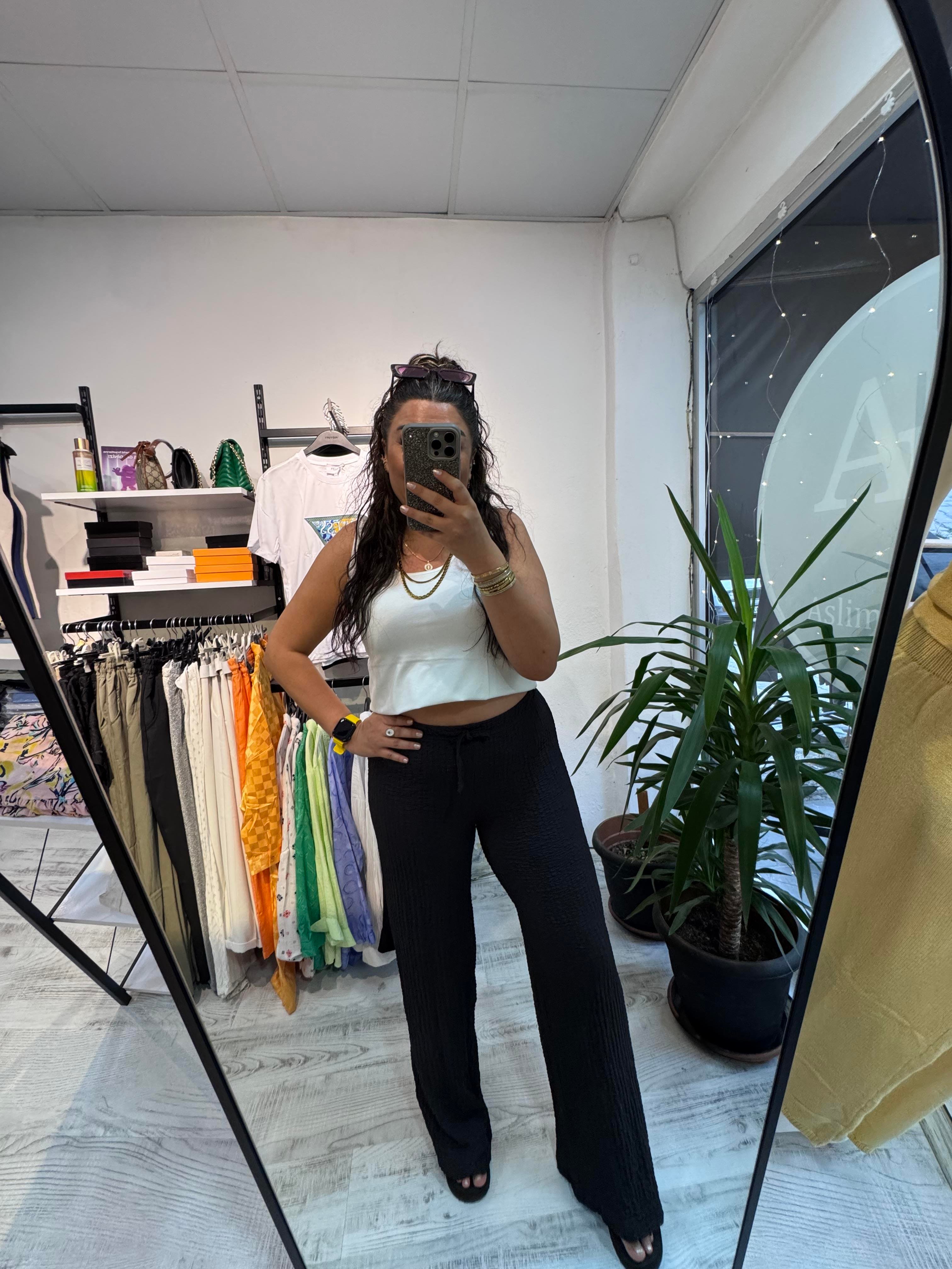 Goffre Kumaş Siyah Pantolon