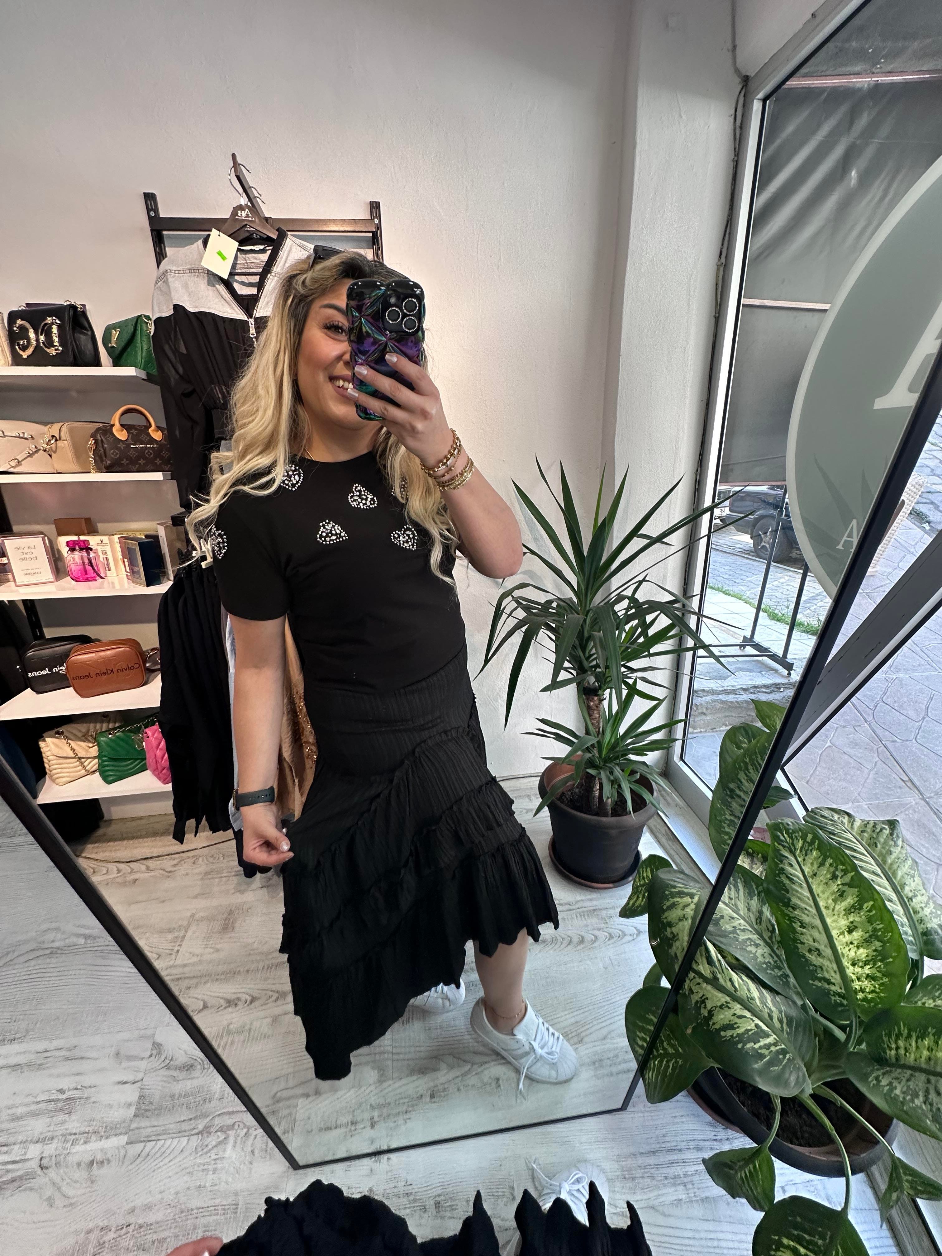 Gofre Kumaş Fırfırlı Siyah Etek