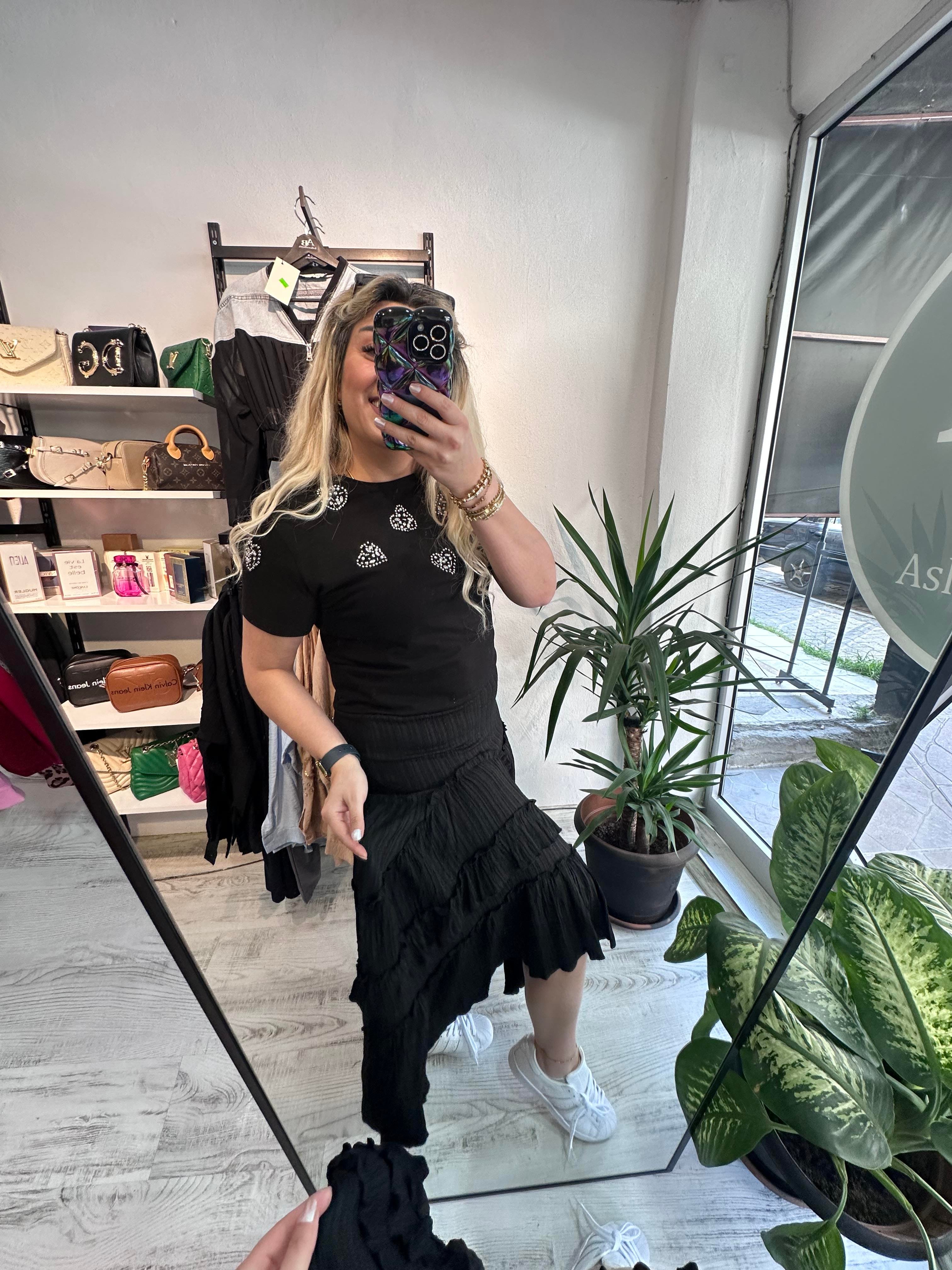 Gofre Kumaş Fırfırlı Siyah Etek