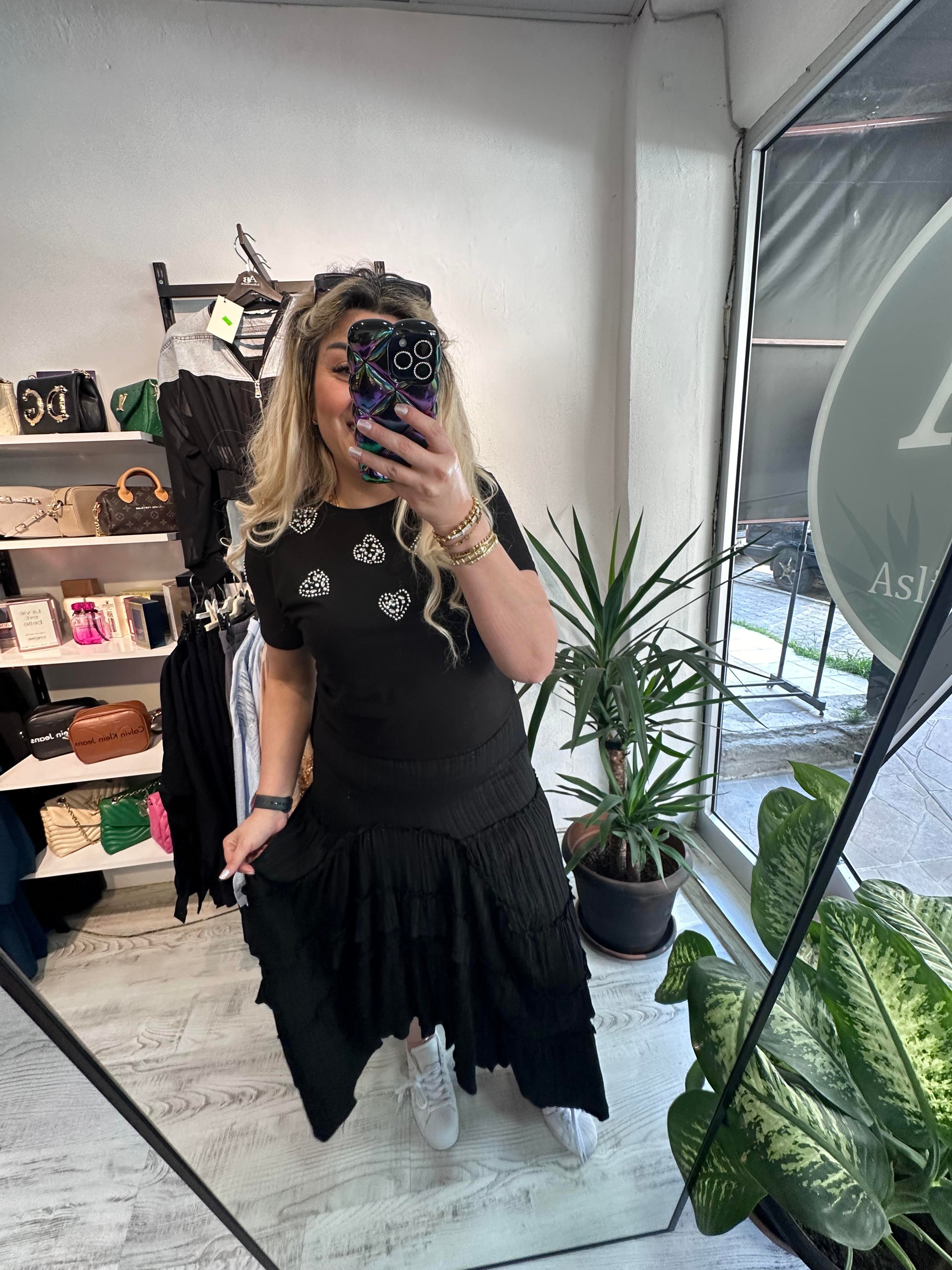 Gofre Kumaş Fırfırlı Siyah Etek