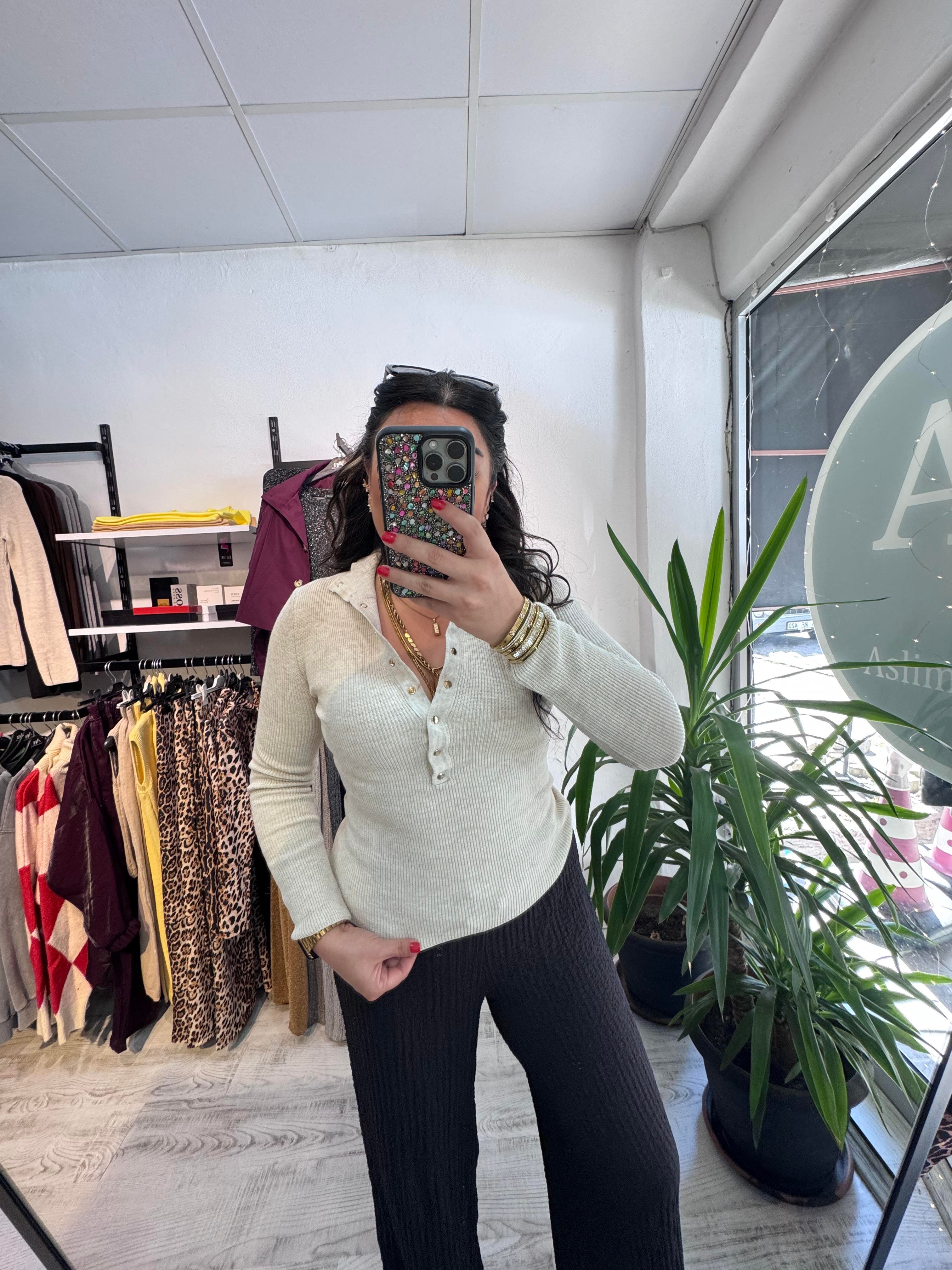 Gold Çıtçıt Detaylı Bej Triko