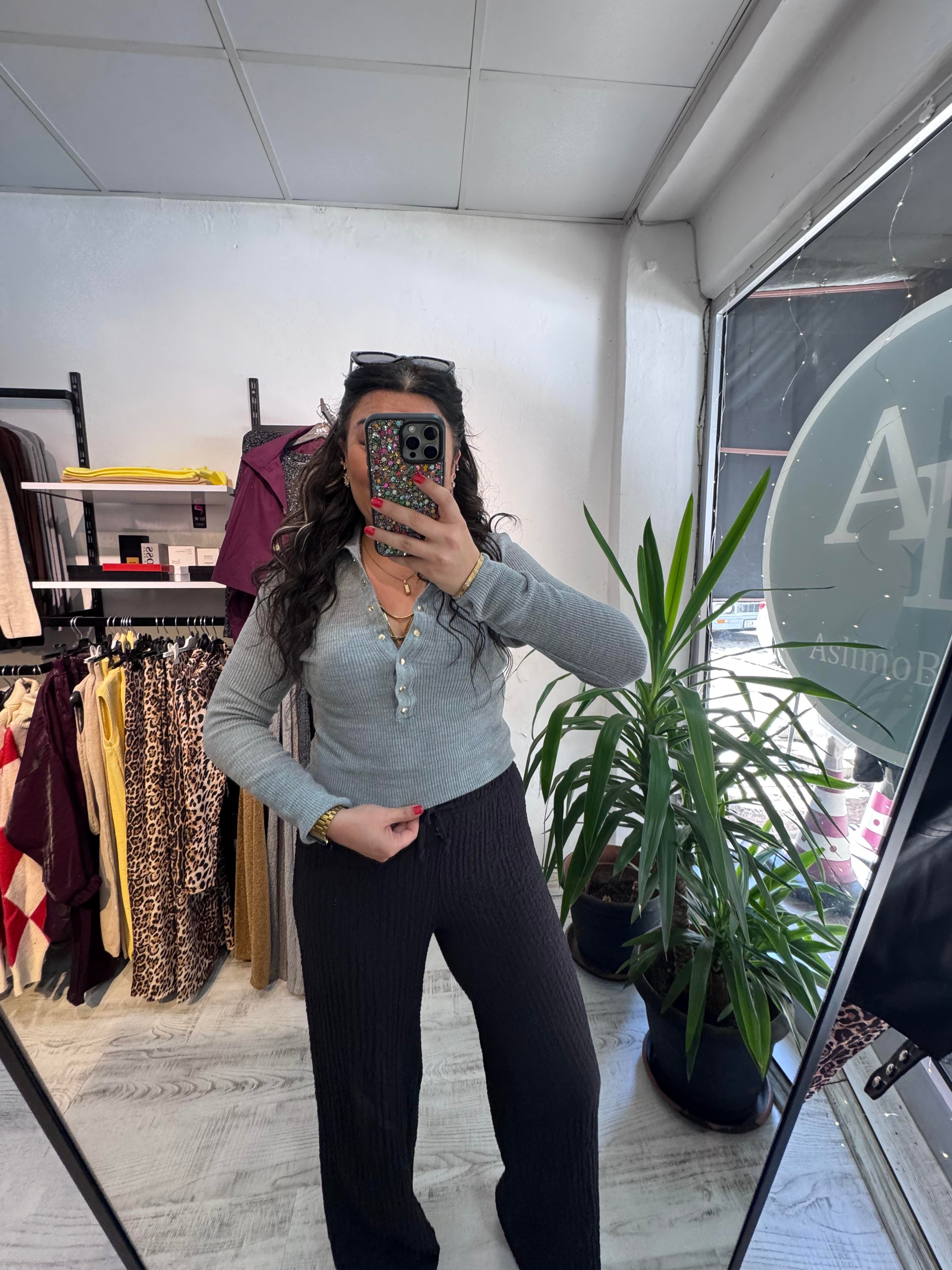 Gold Çıtçıt Detaylı Gri Triko