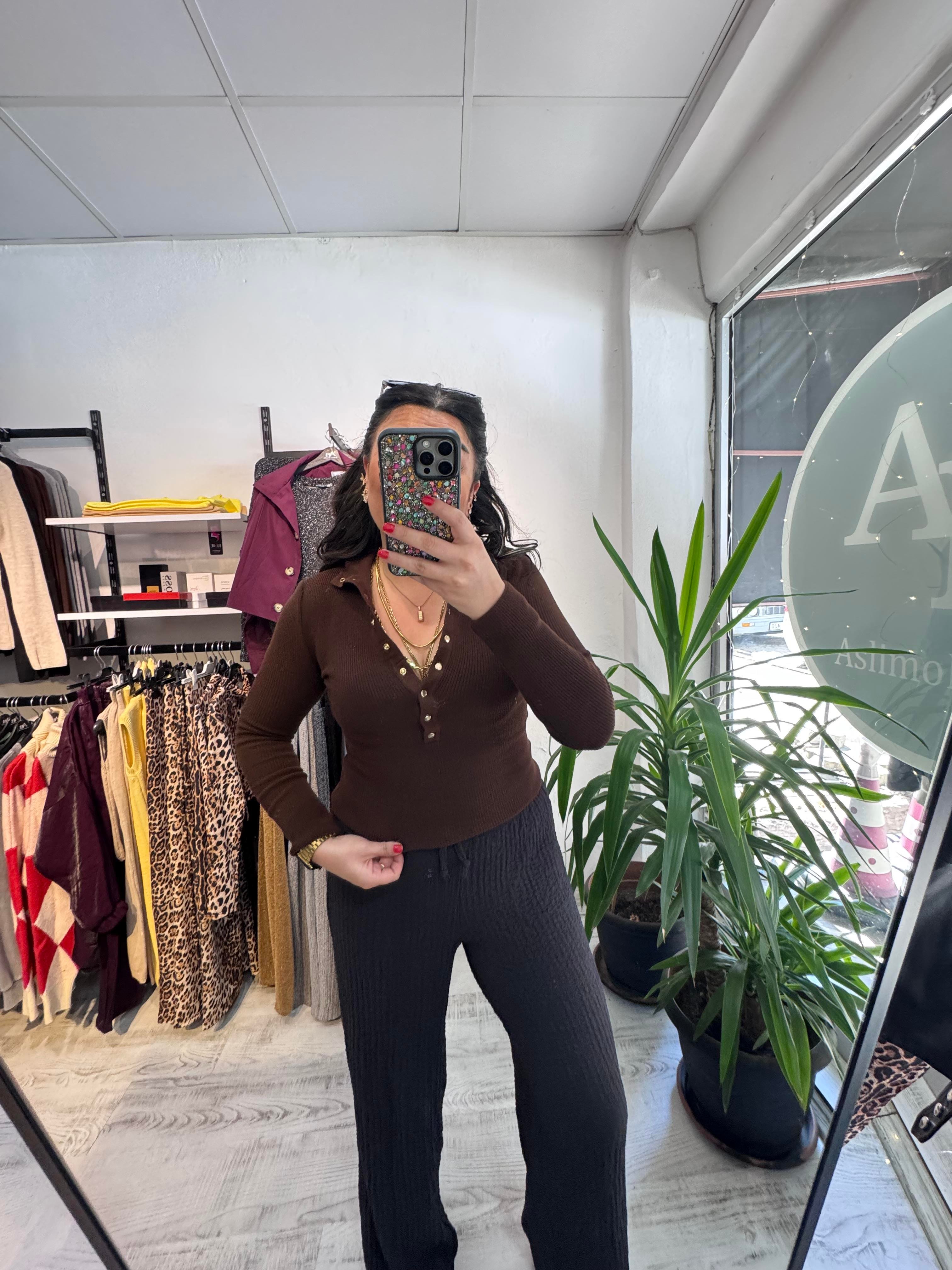 Gold Çıtçıt Detaylı Kahverengi Triko