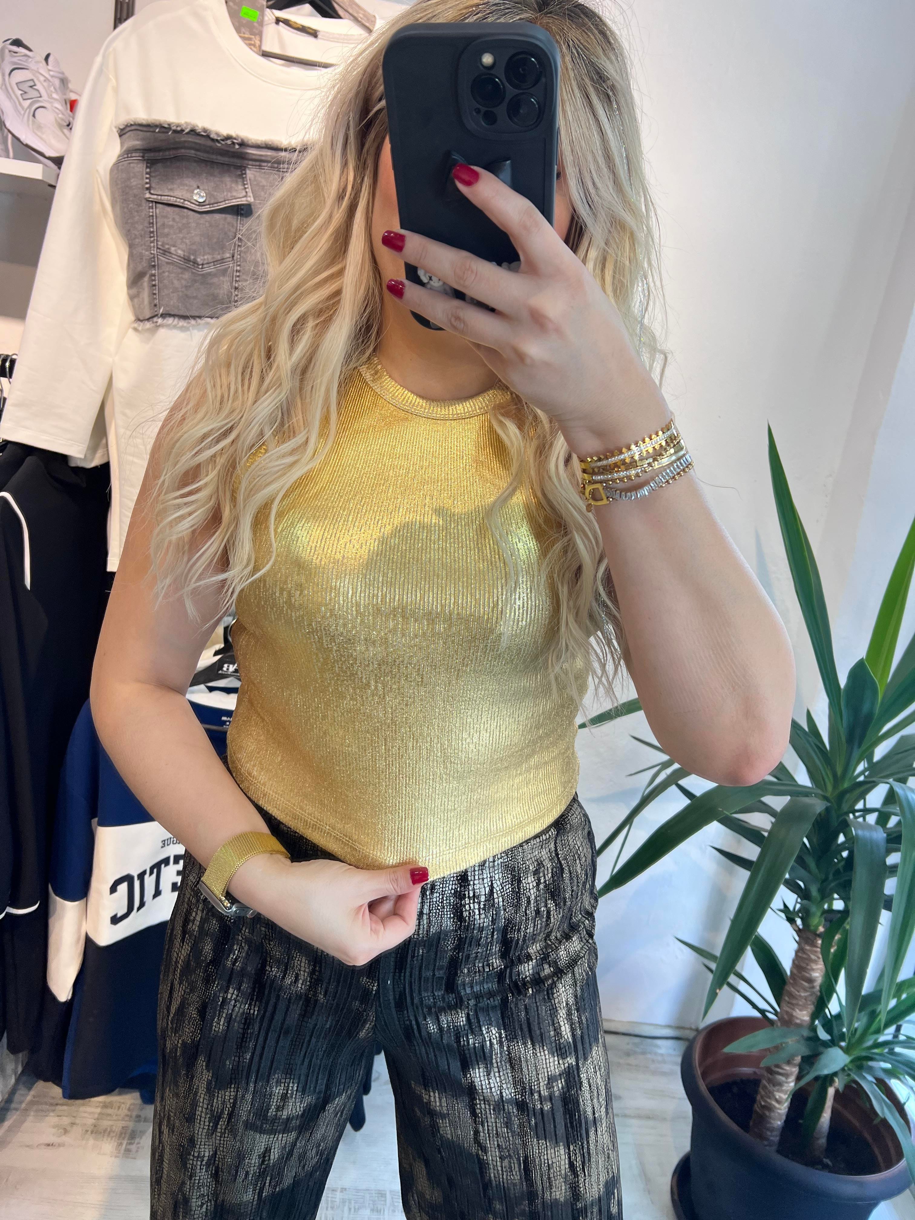 Gold Varaklı Halter Yaka Bluz