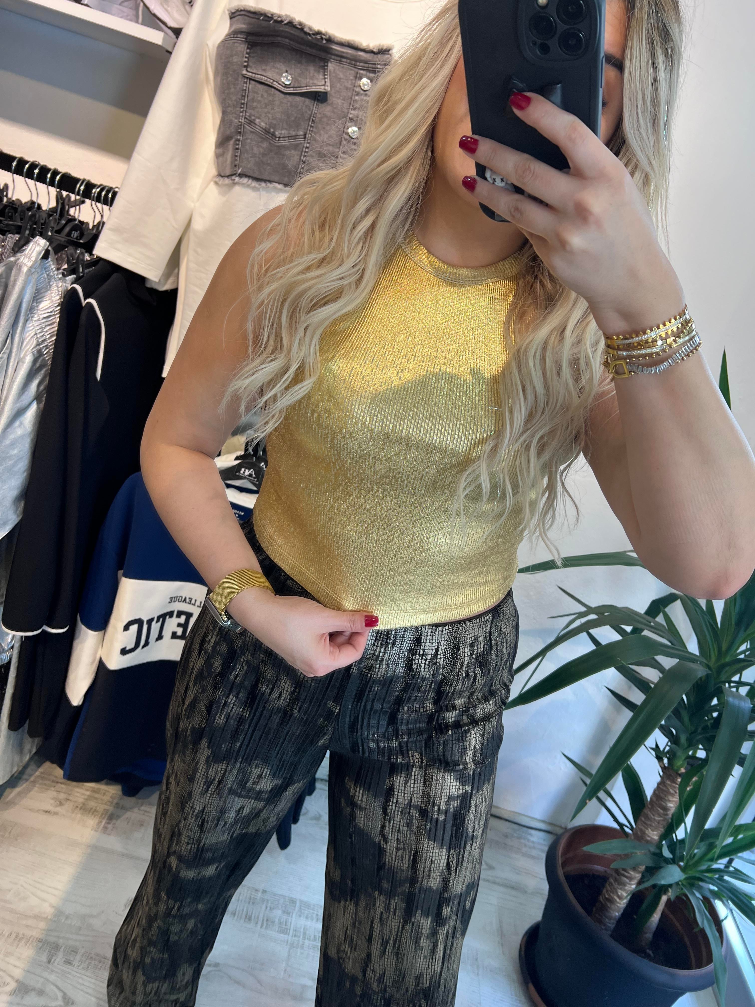 Gold Varaklı Halter Yaka Bluz