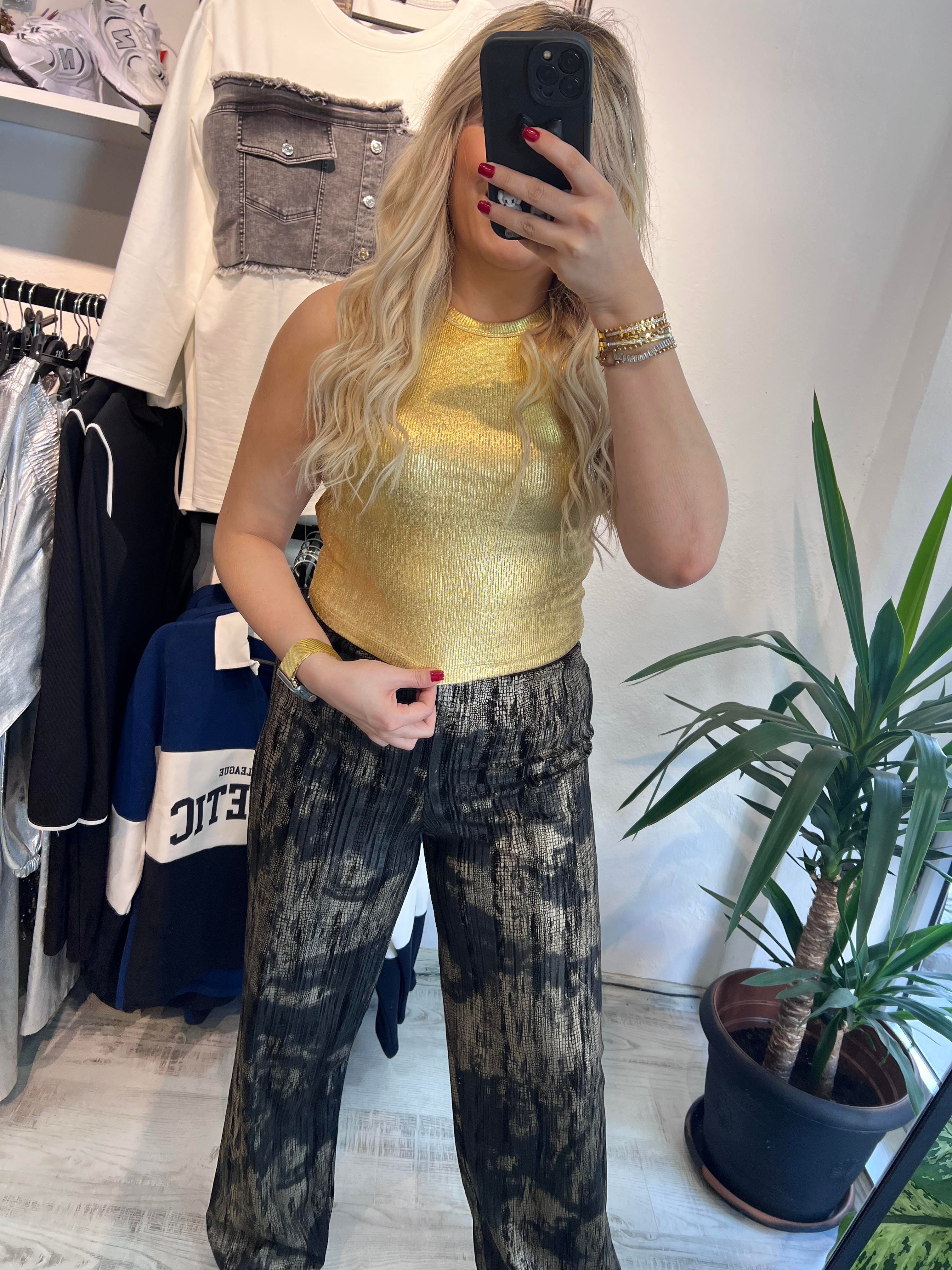 Gold Varaklı Halter Yaka Bluz