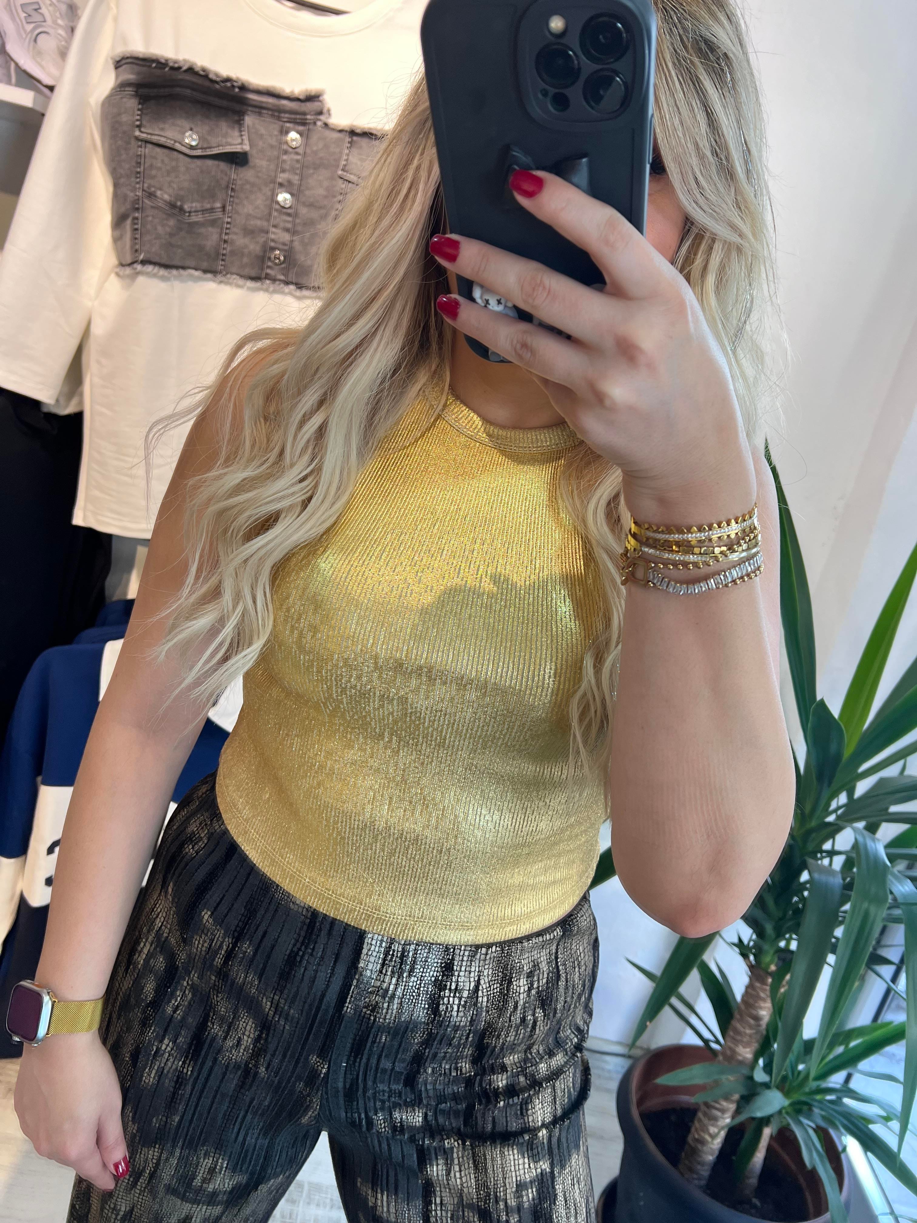 Gold Varaklı Halter Yaka Bluz