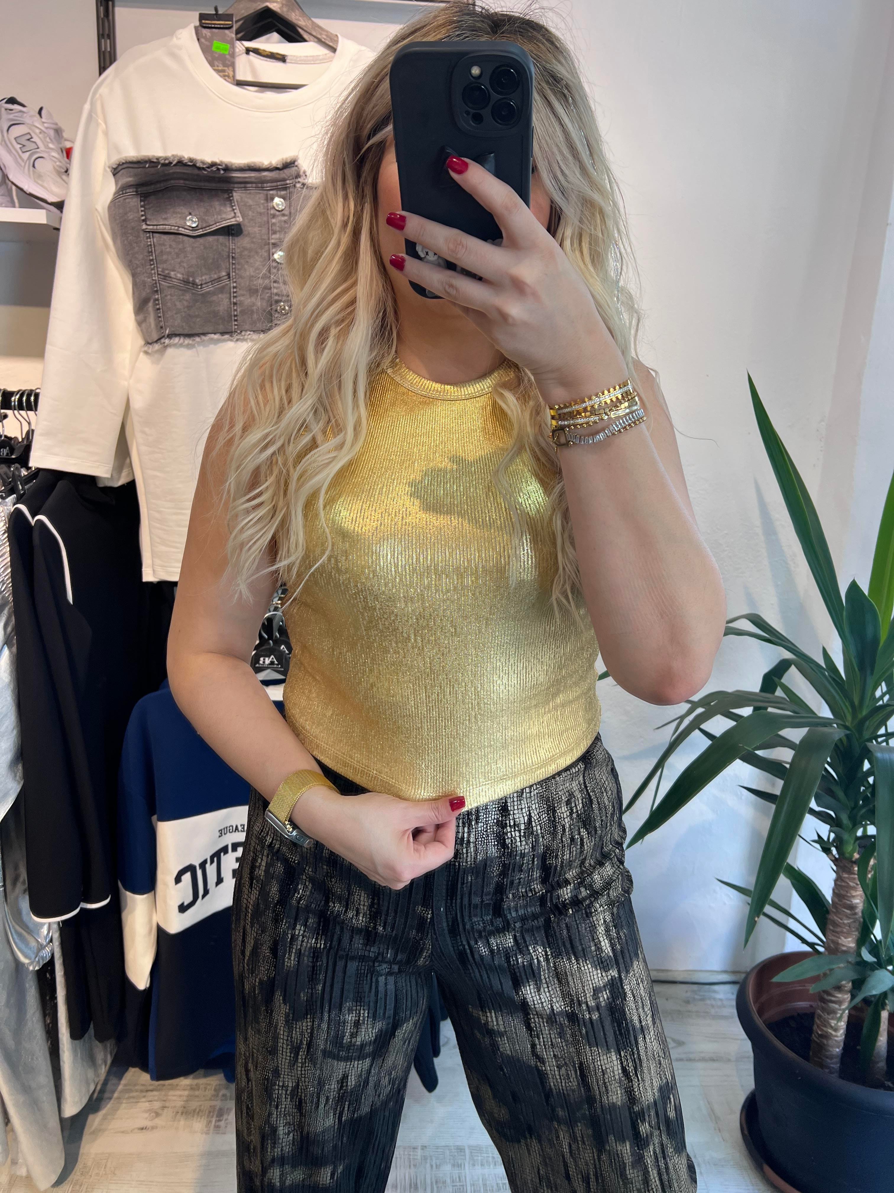 Gold Varaklı Halter Yaka Bluz