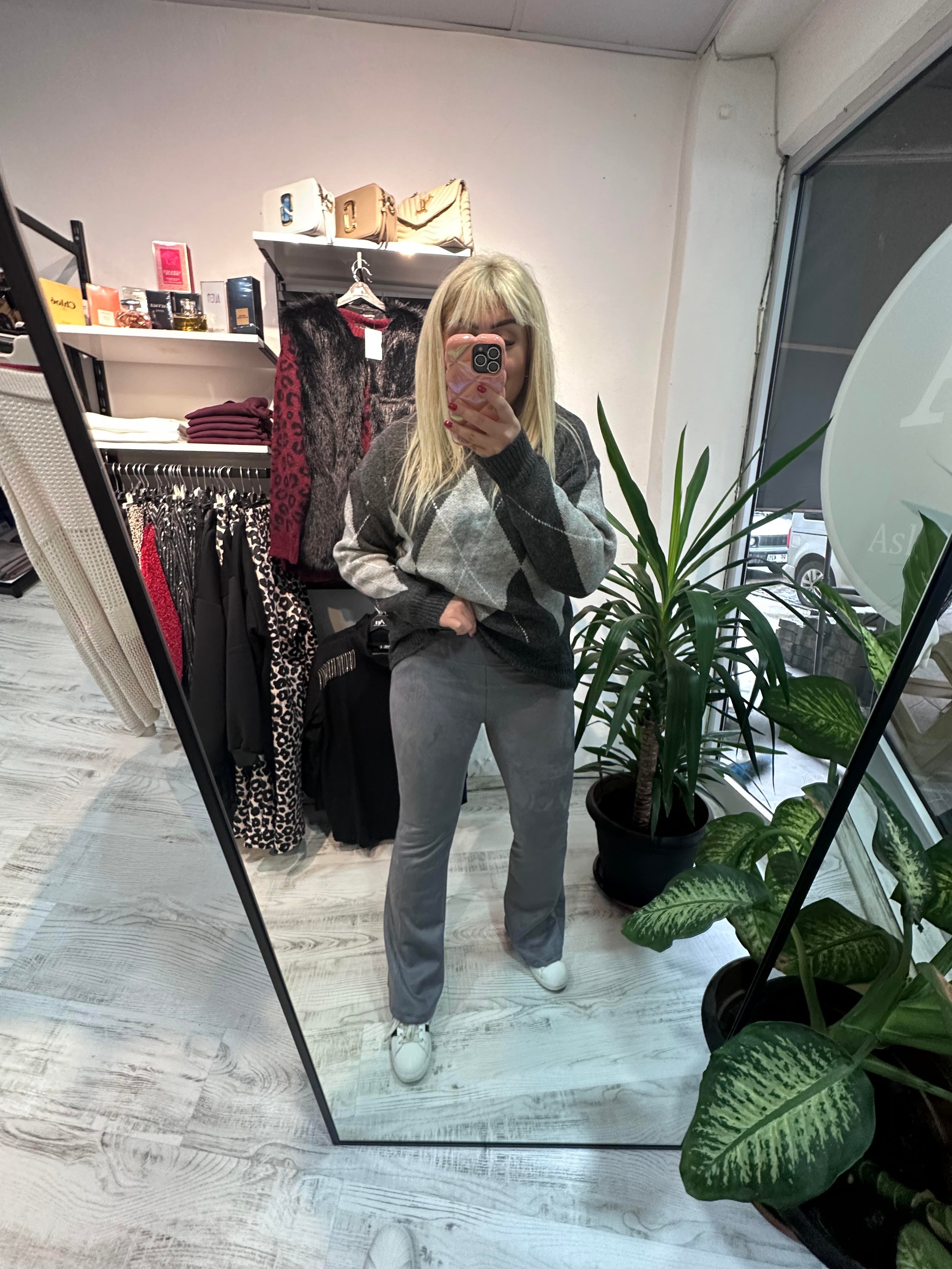 Gri Süet Kumaş Likralı Tayt Pantolon