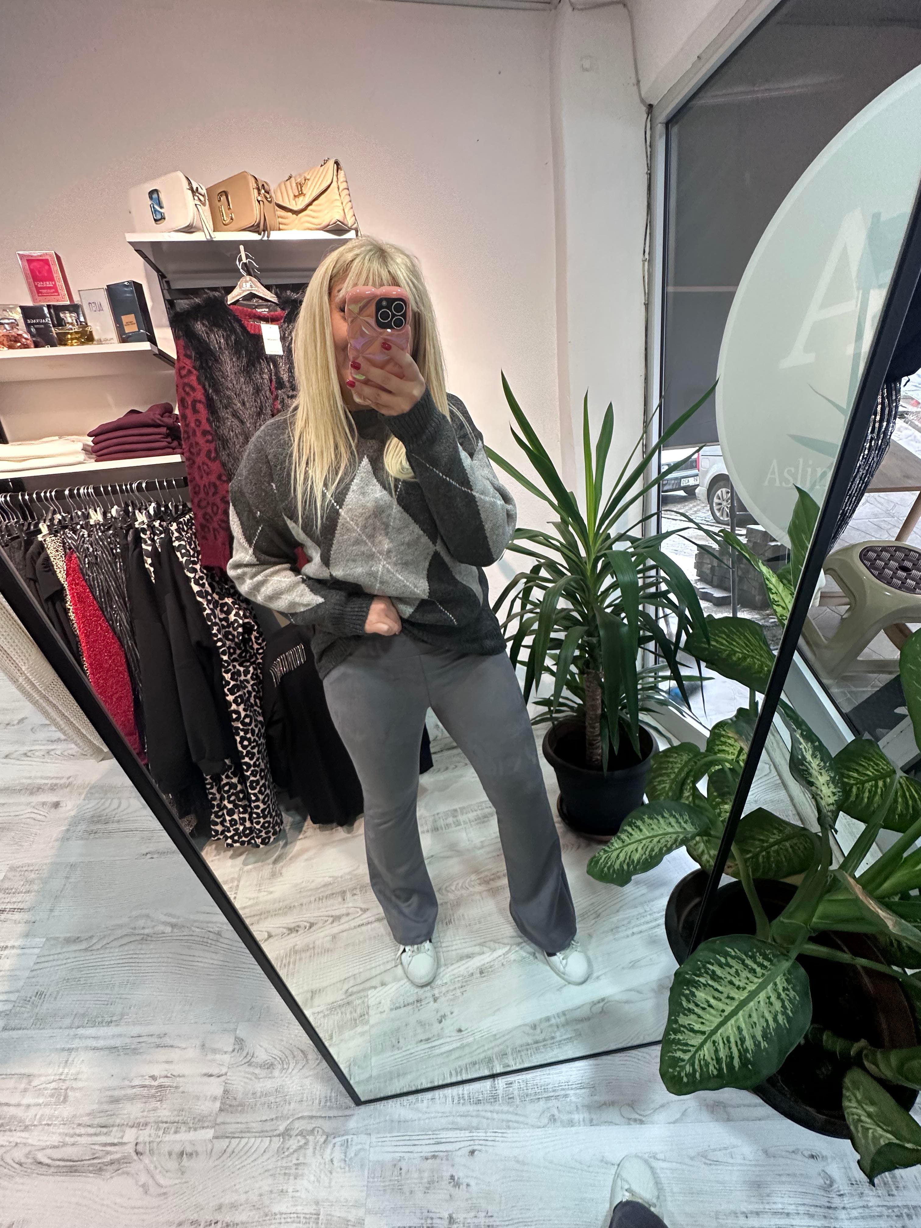 Gri Süet Kumaş Likralı Tayt Pantolon