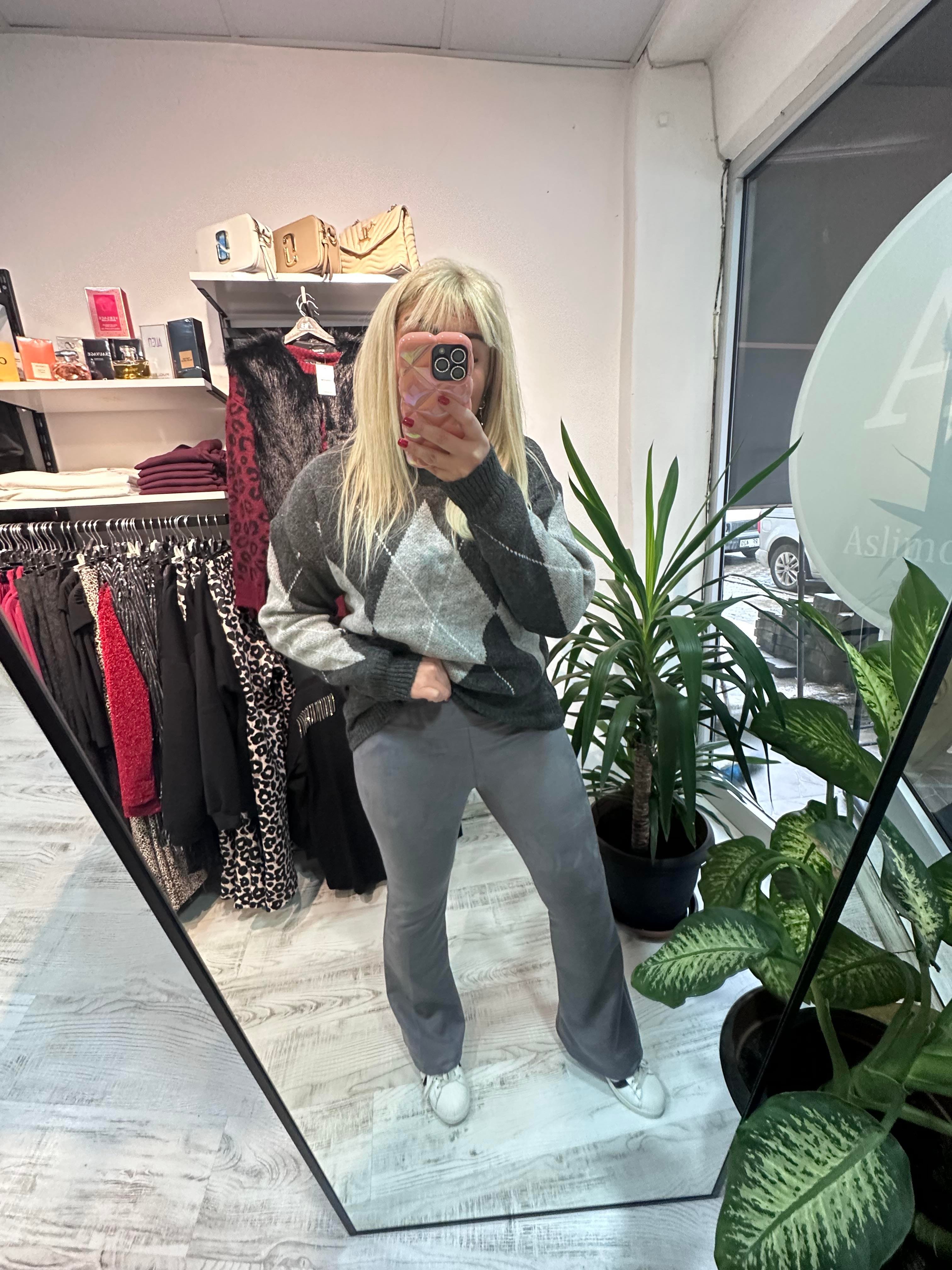 Gri Süet Kumaş Likralı Tayt Pantolon