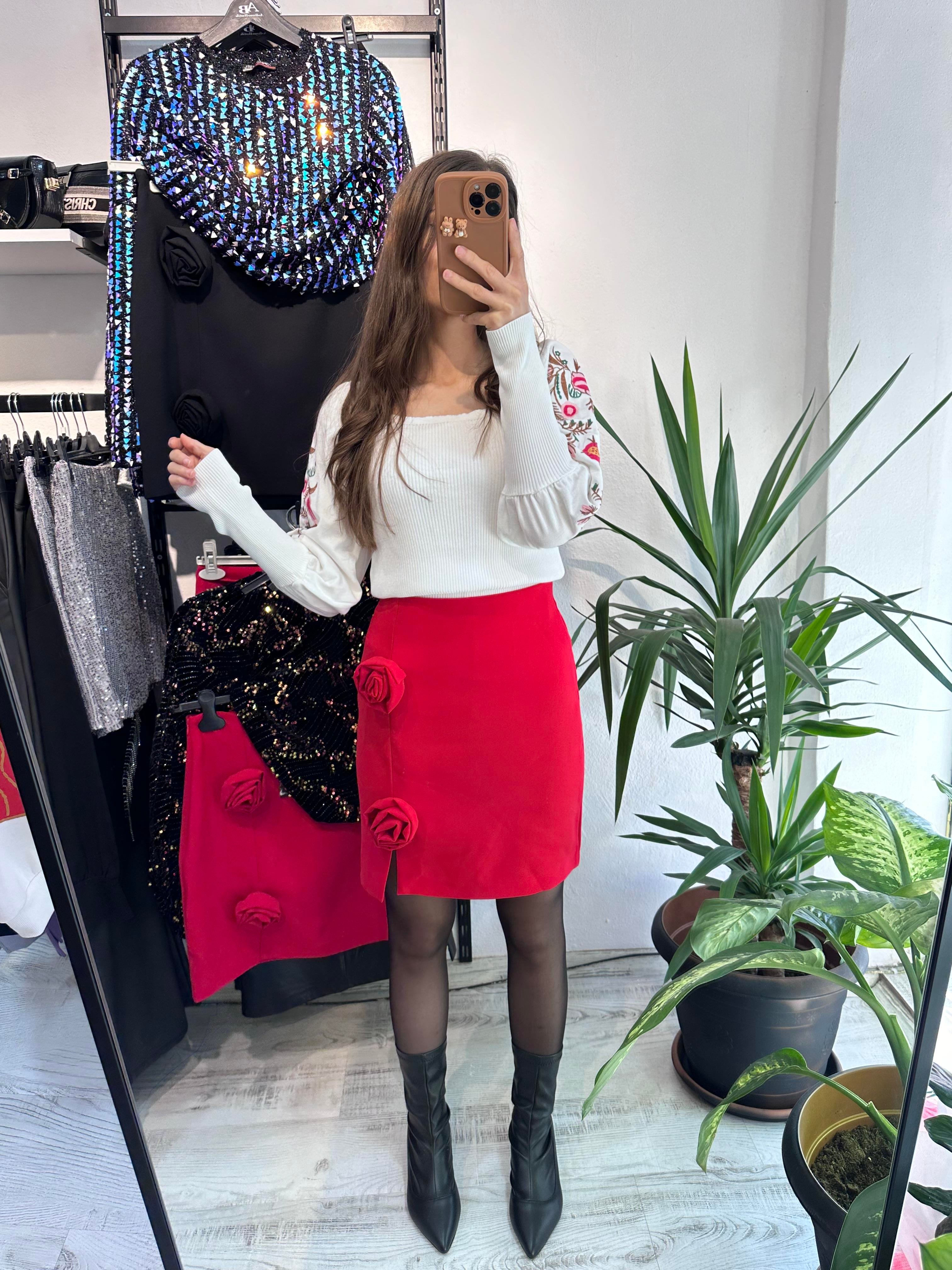 Güllü Kırmızı Mini Etek