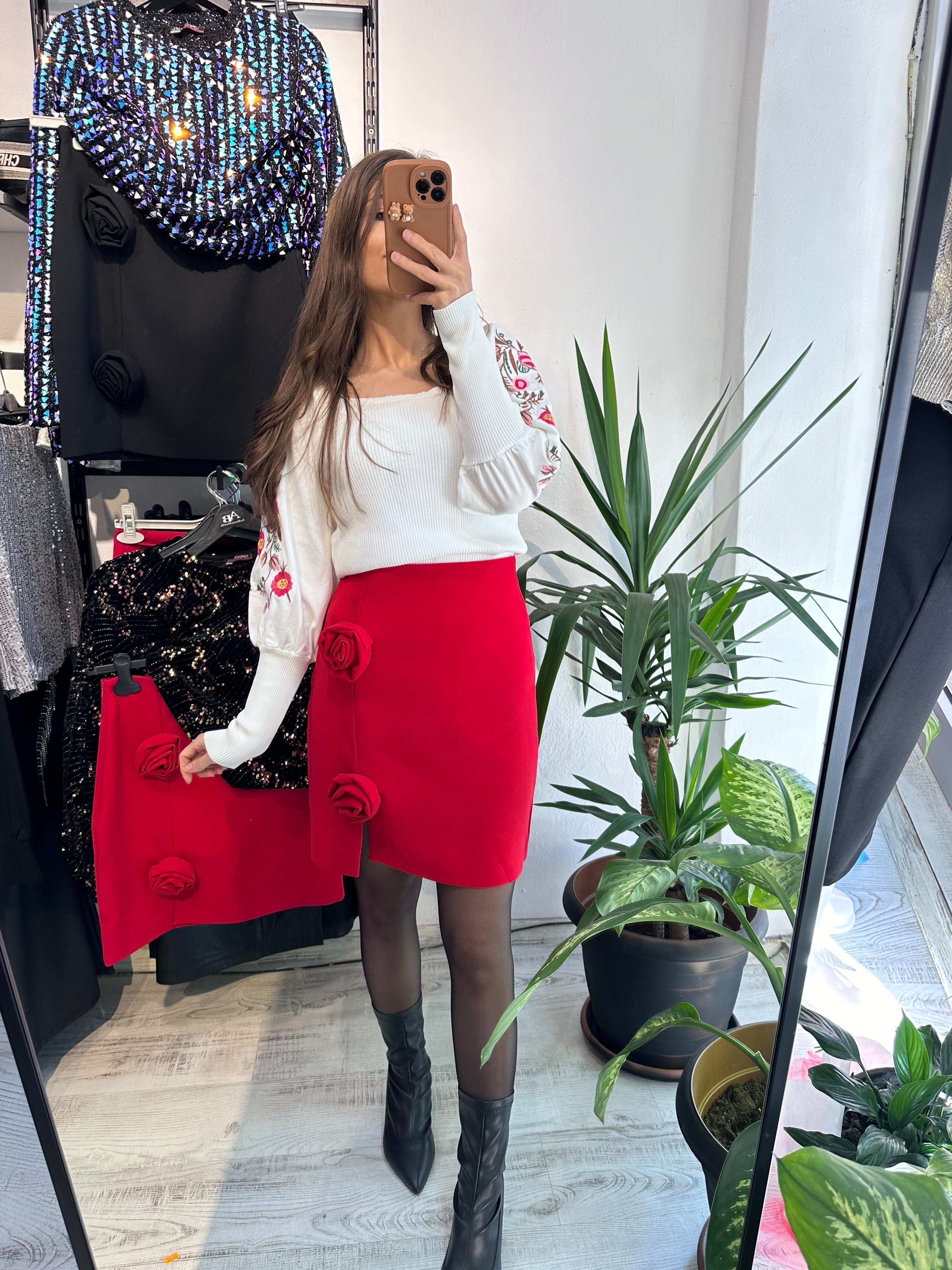 Güllü Kırmızı Mini Etek