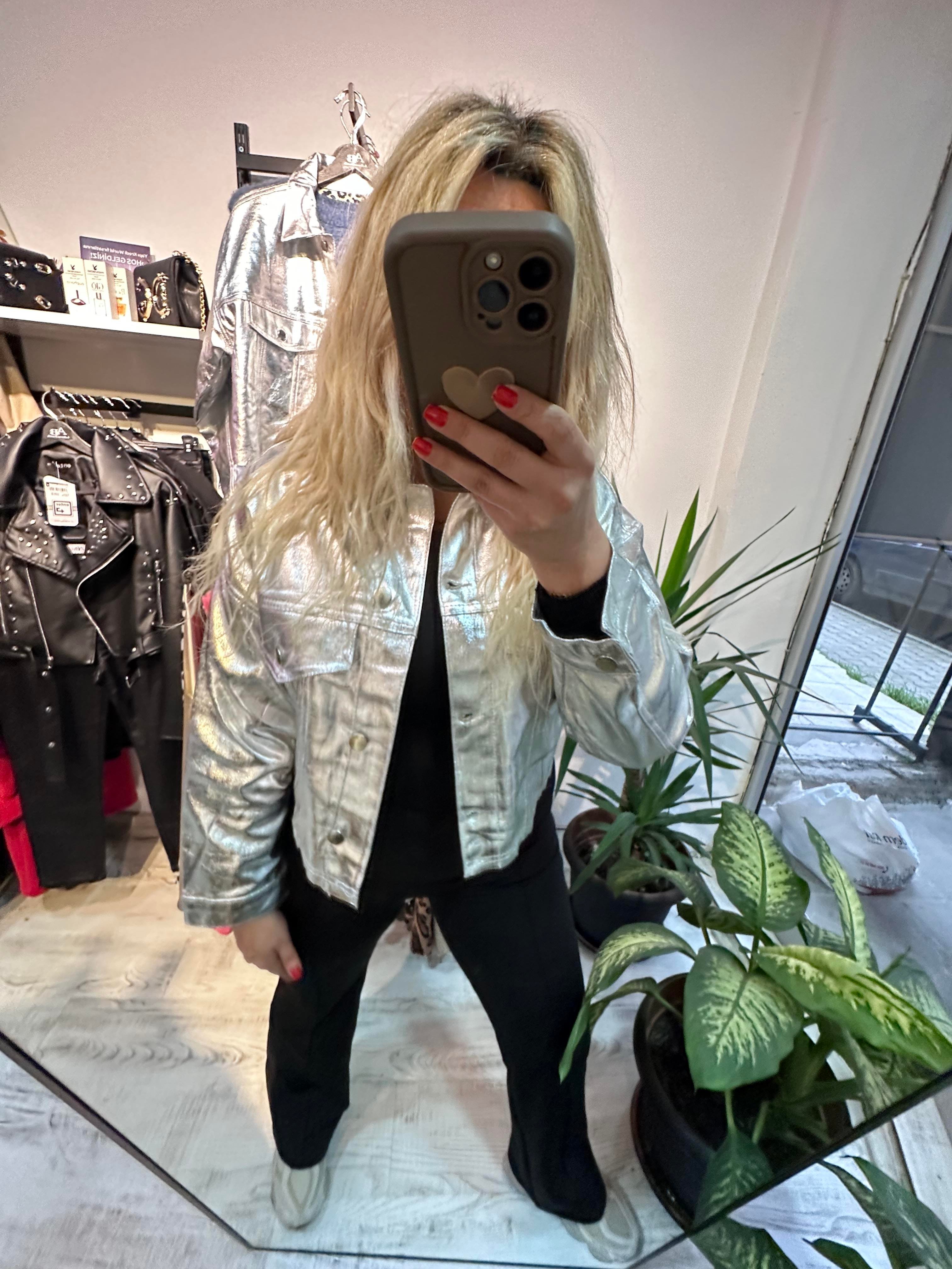 Gümüş Varaklı Crop Ceket