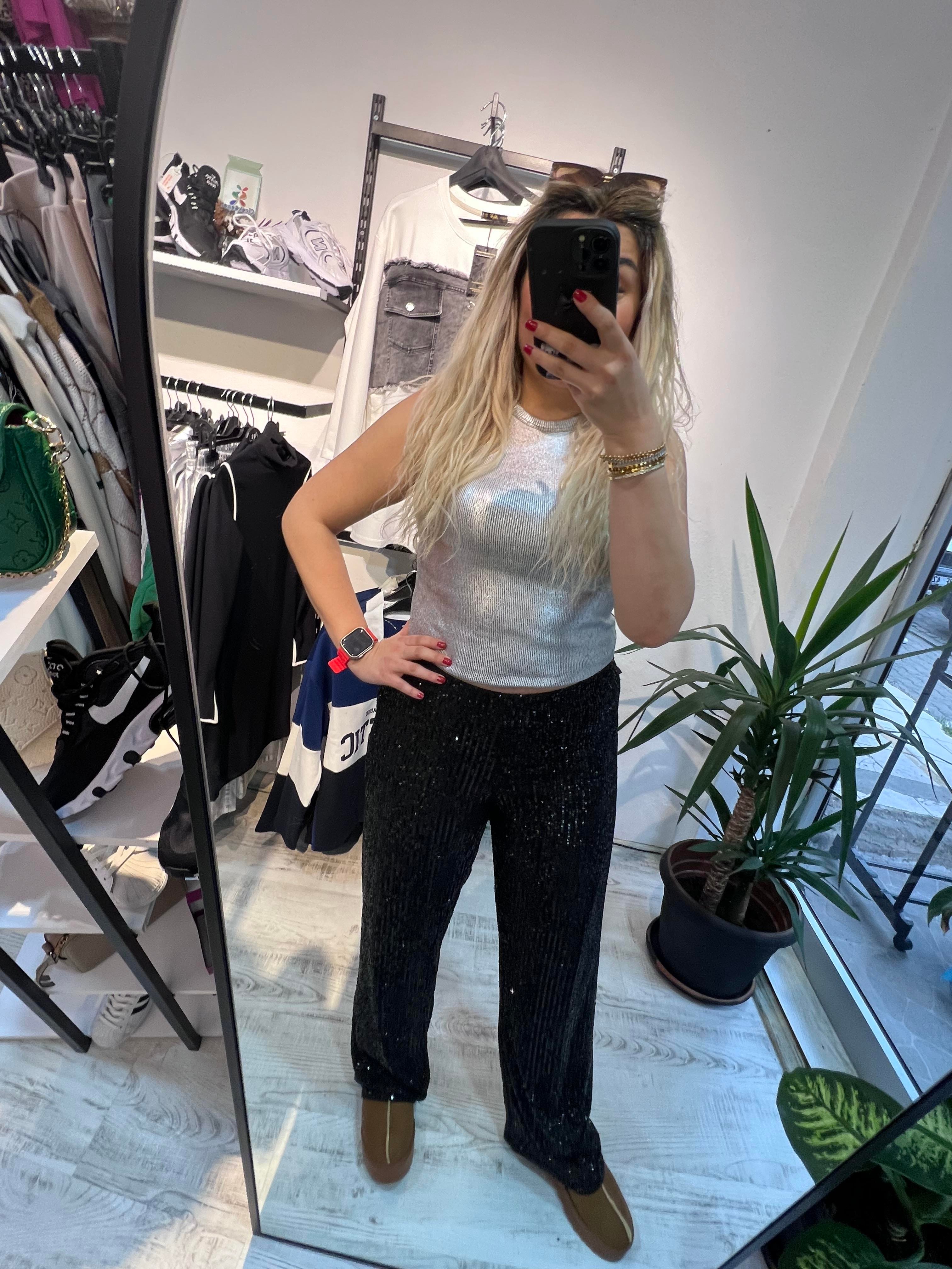 Gümüş Varaklı Halter Yaka  Bluz