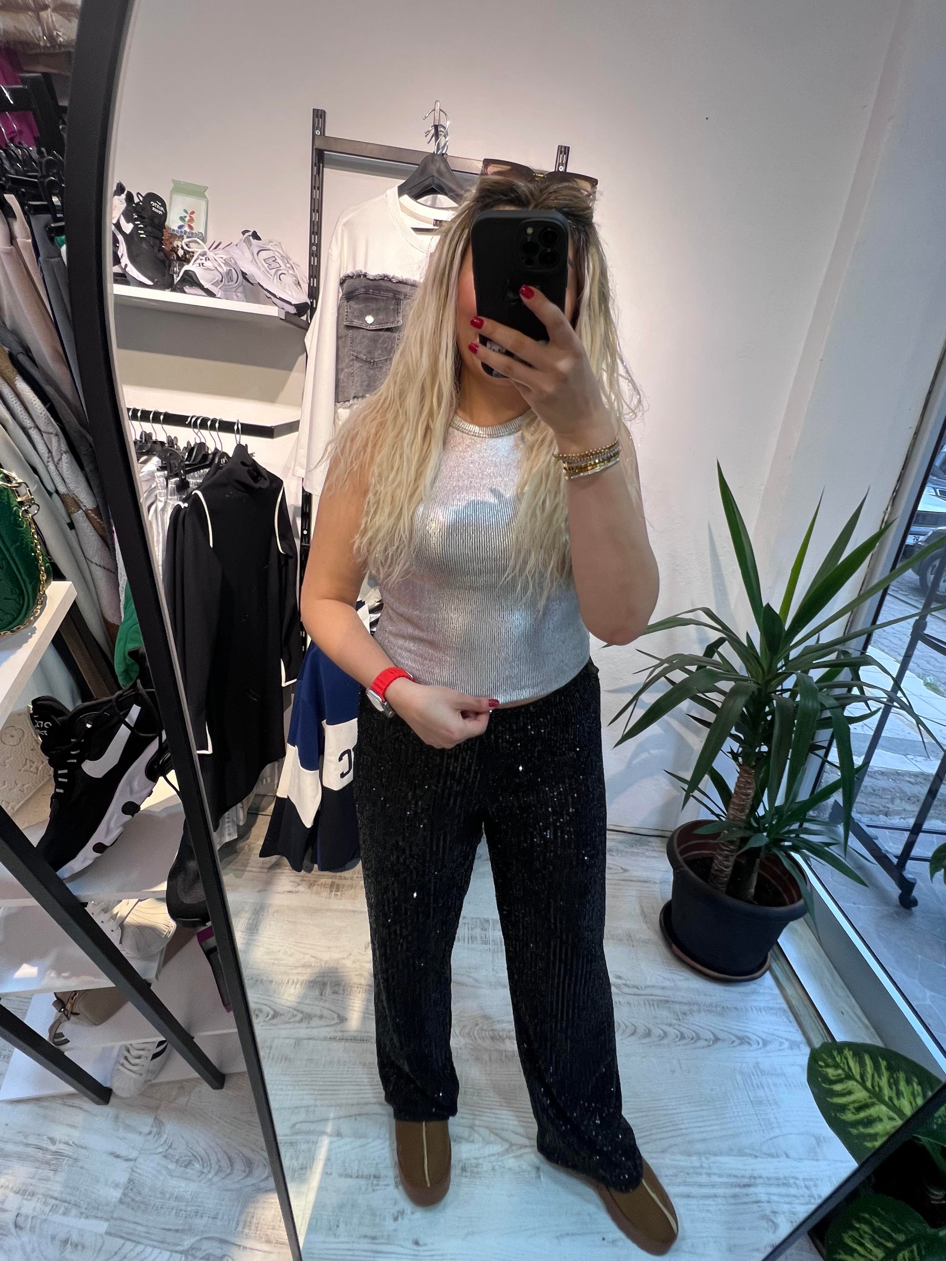 Gümüş Varaklı Halter Yaka  Bluz