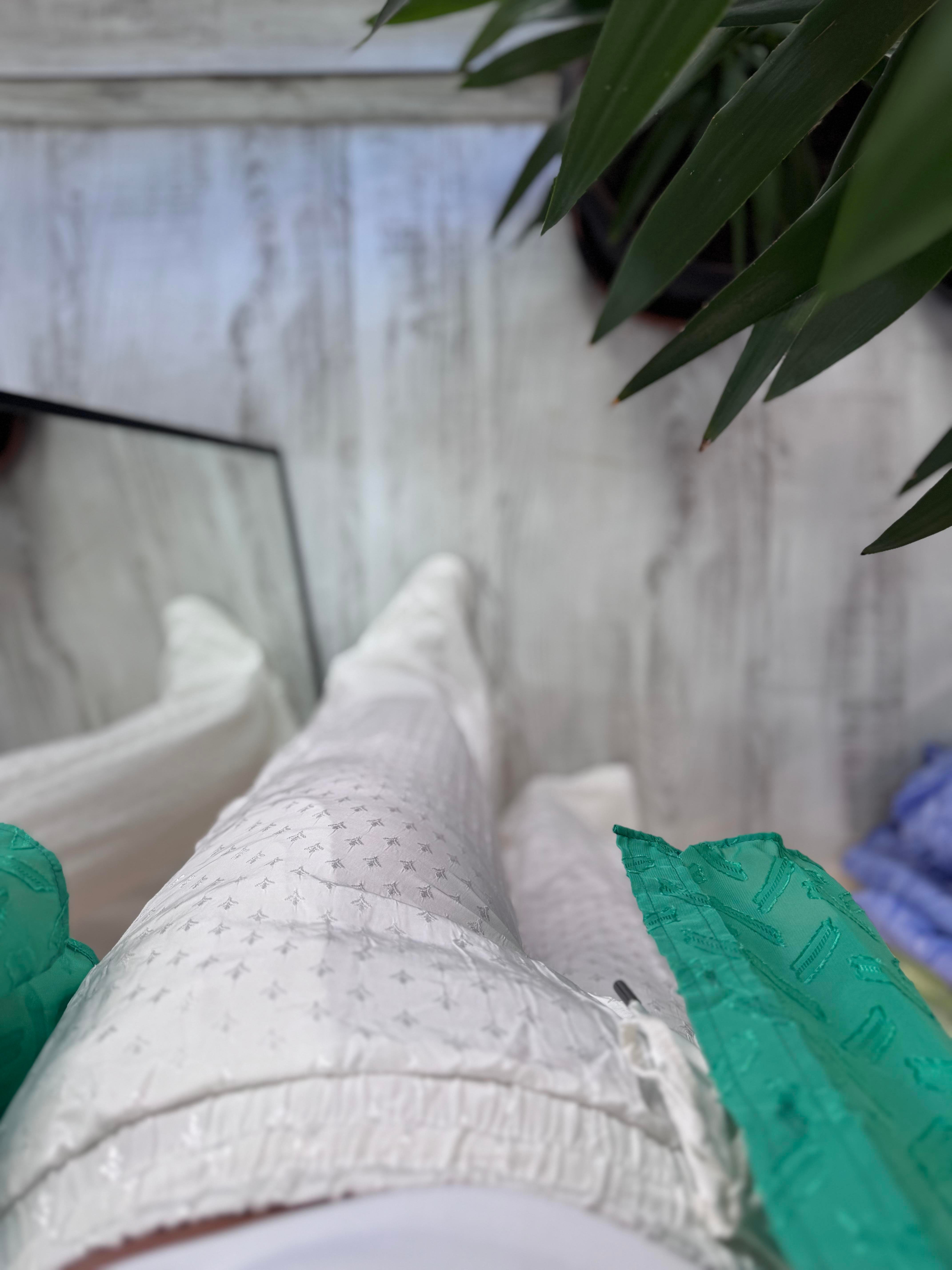 Jakarlı Mini Desenli Premium Seri Beyaz Palazzo Pantolon