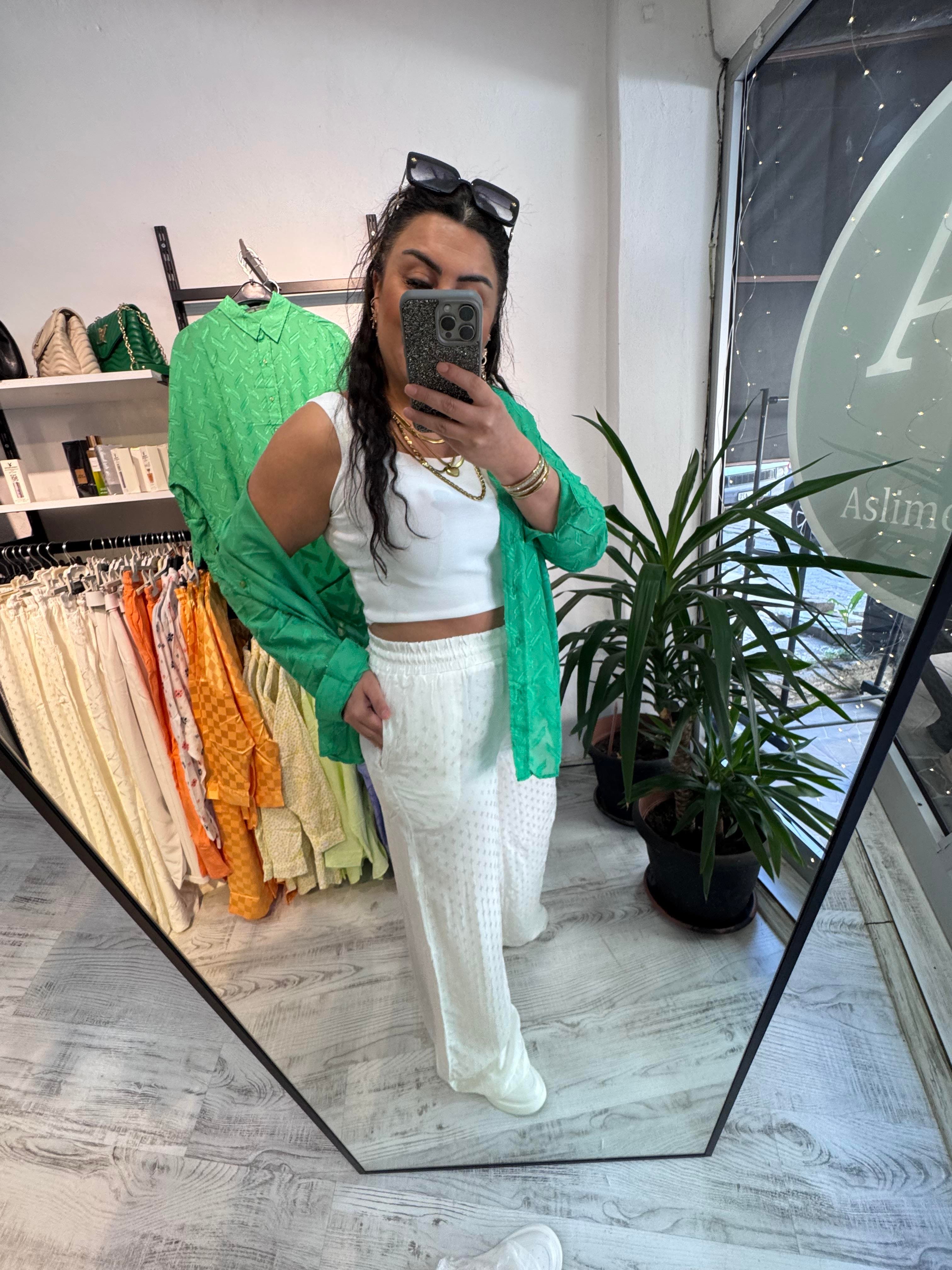 Jakarlı Mini Desenli Premium Seri Beyaz Palazzo Pantolon