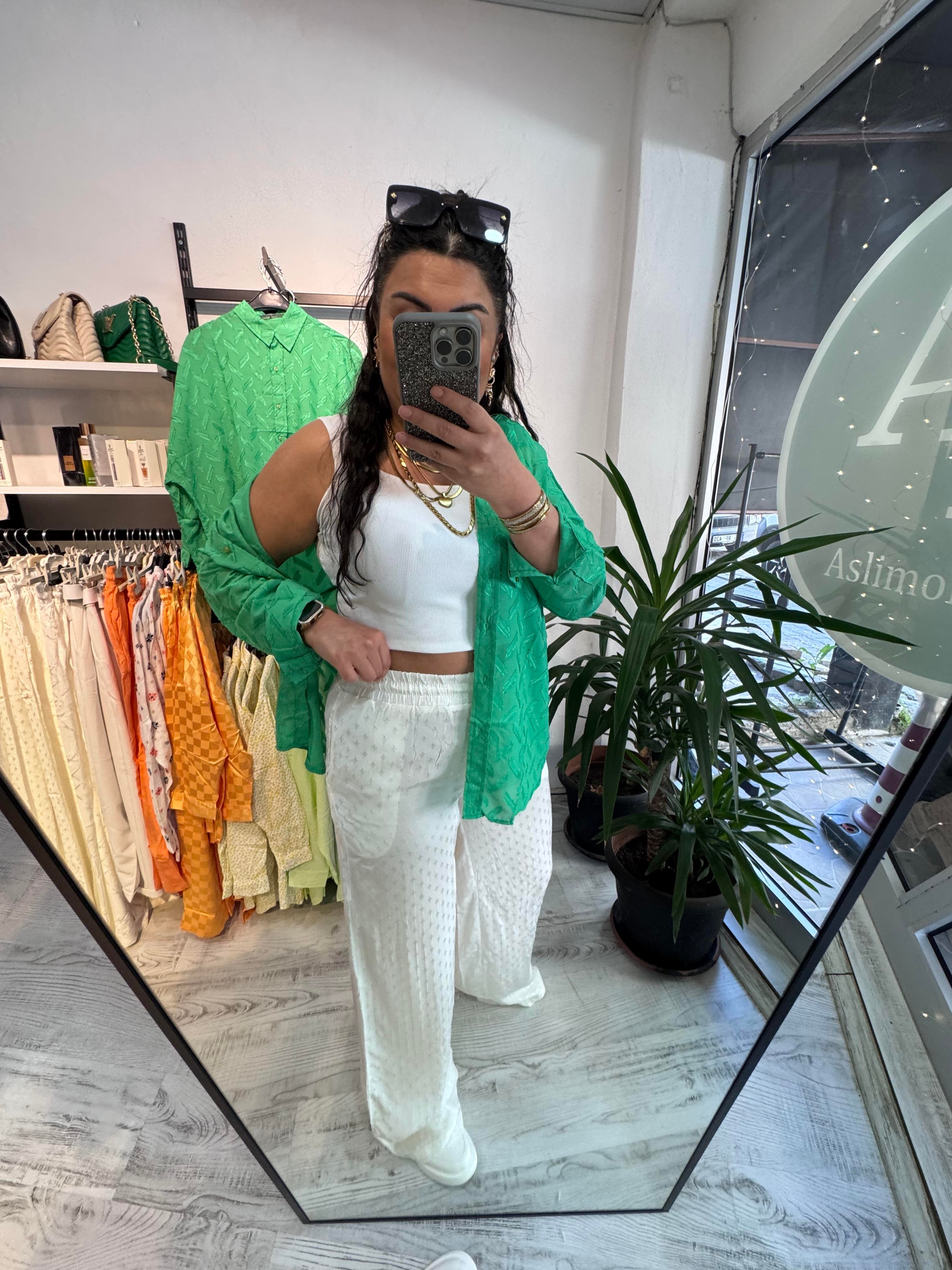 Jakarlı Mini Desenli Premium Seri Beyaz Palazzo Pantolon