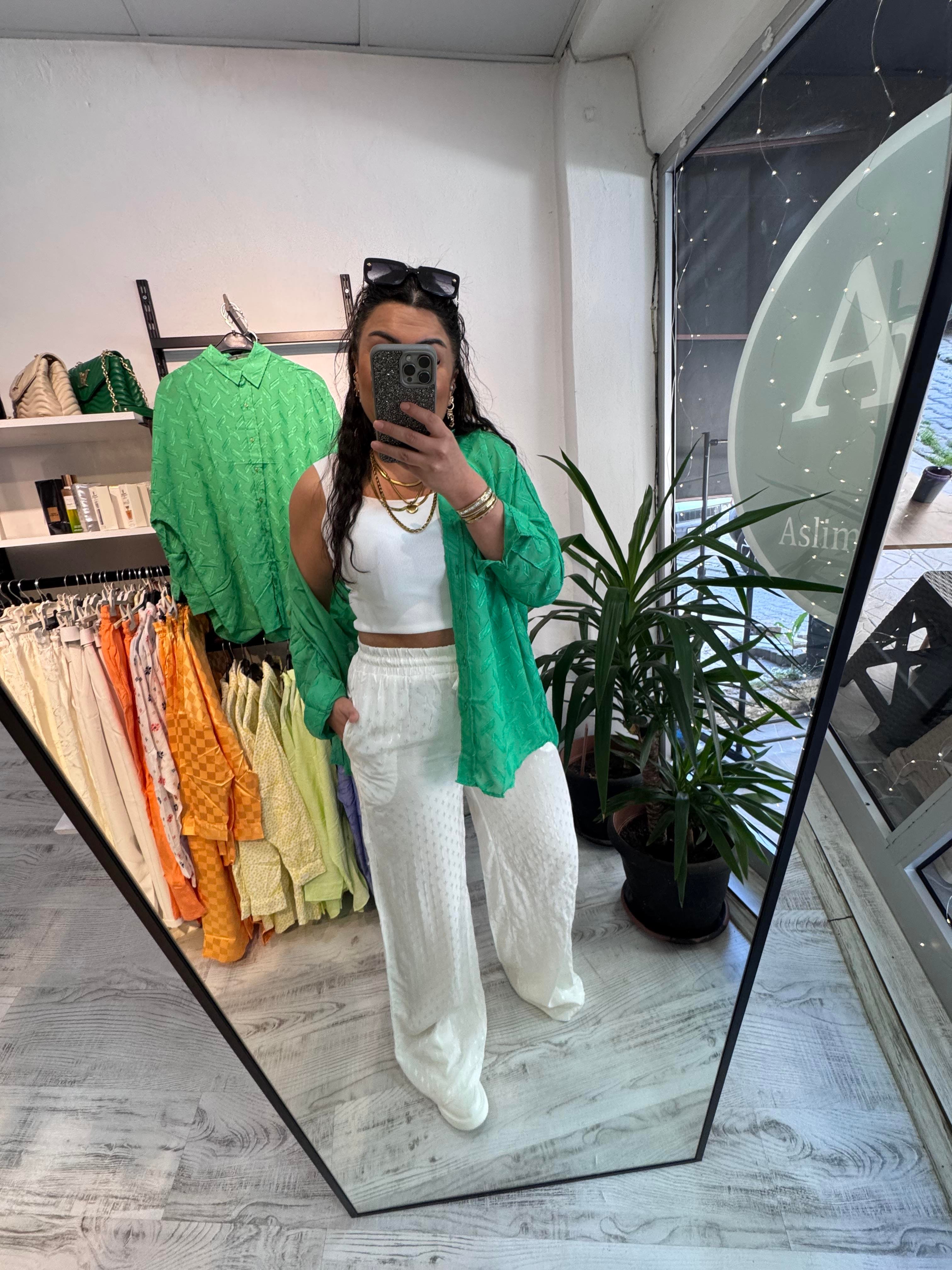 Jakarlı Mini Desenli Premium Seri Beyaz Palazzo Pantolon