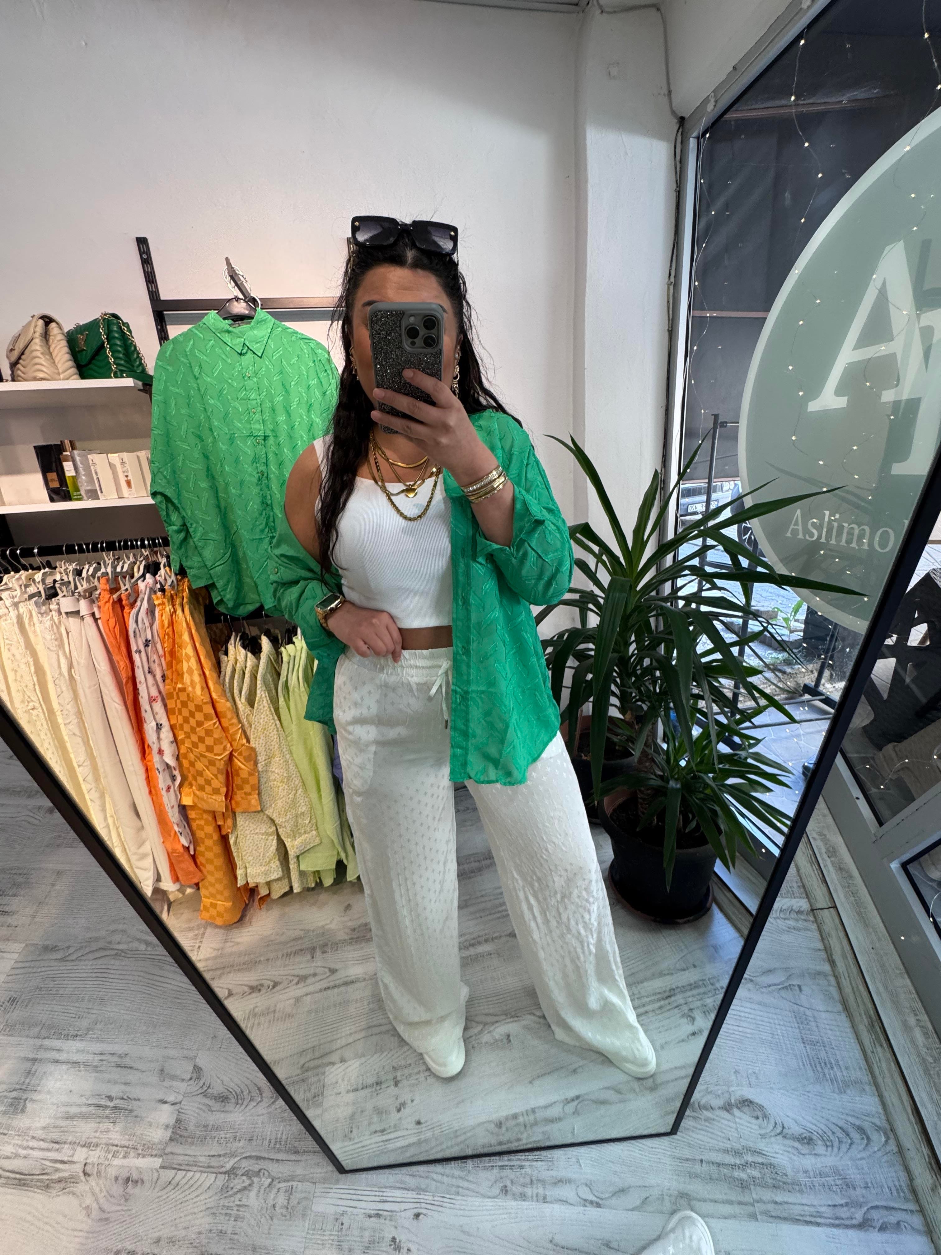 Jakarlı Mini Desenli Premium Seri Beyaz Palazzo Pantolon