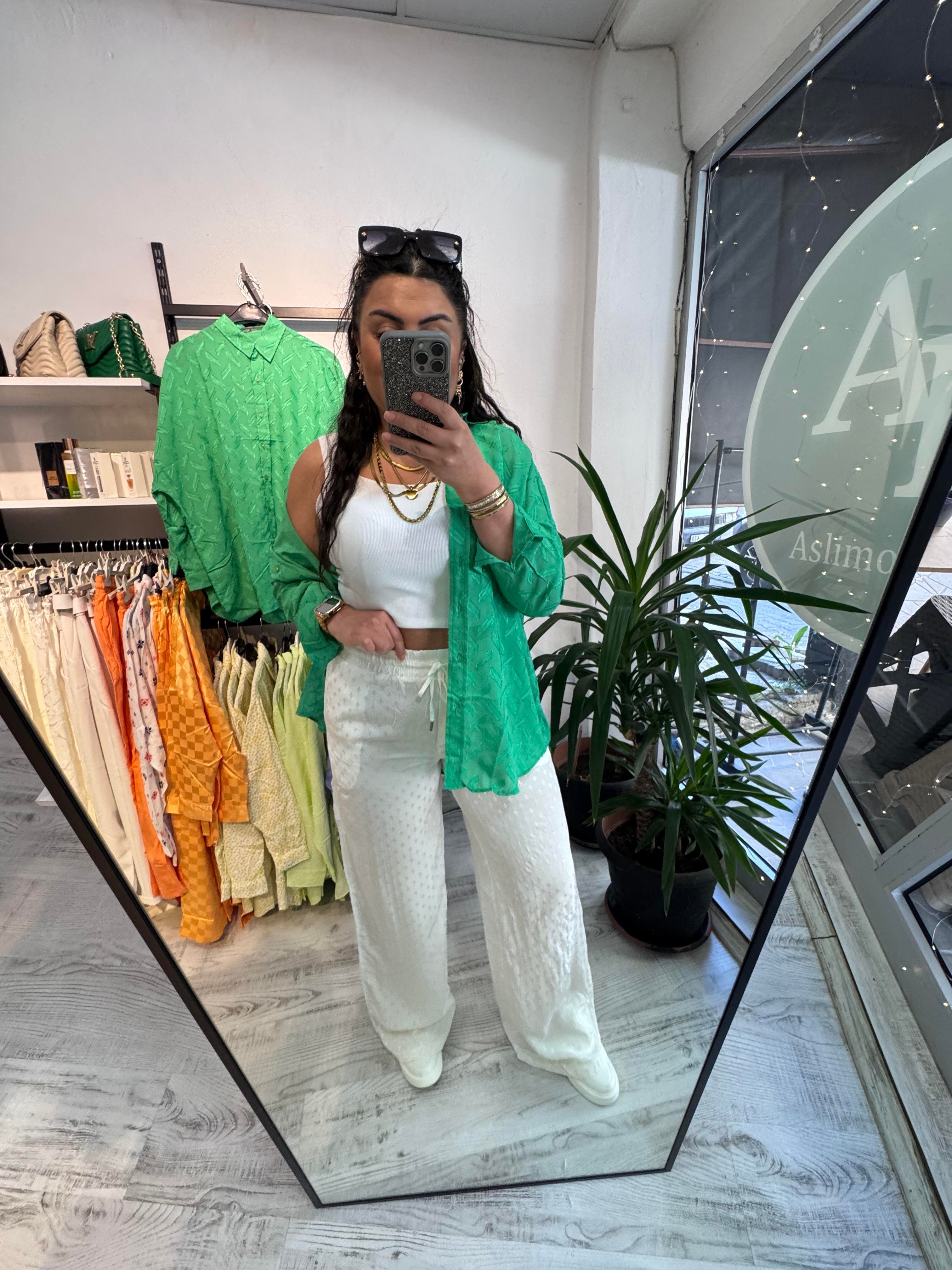 Jakarlı Mini Desenli Premium Seri Beyaz Palazzo Pantolon