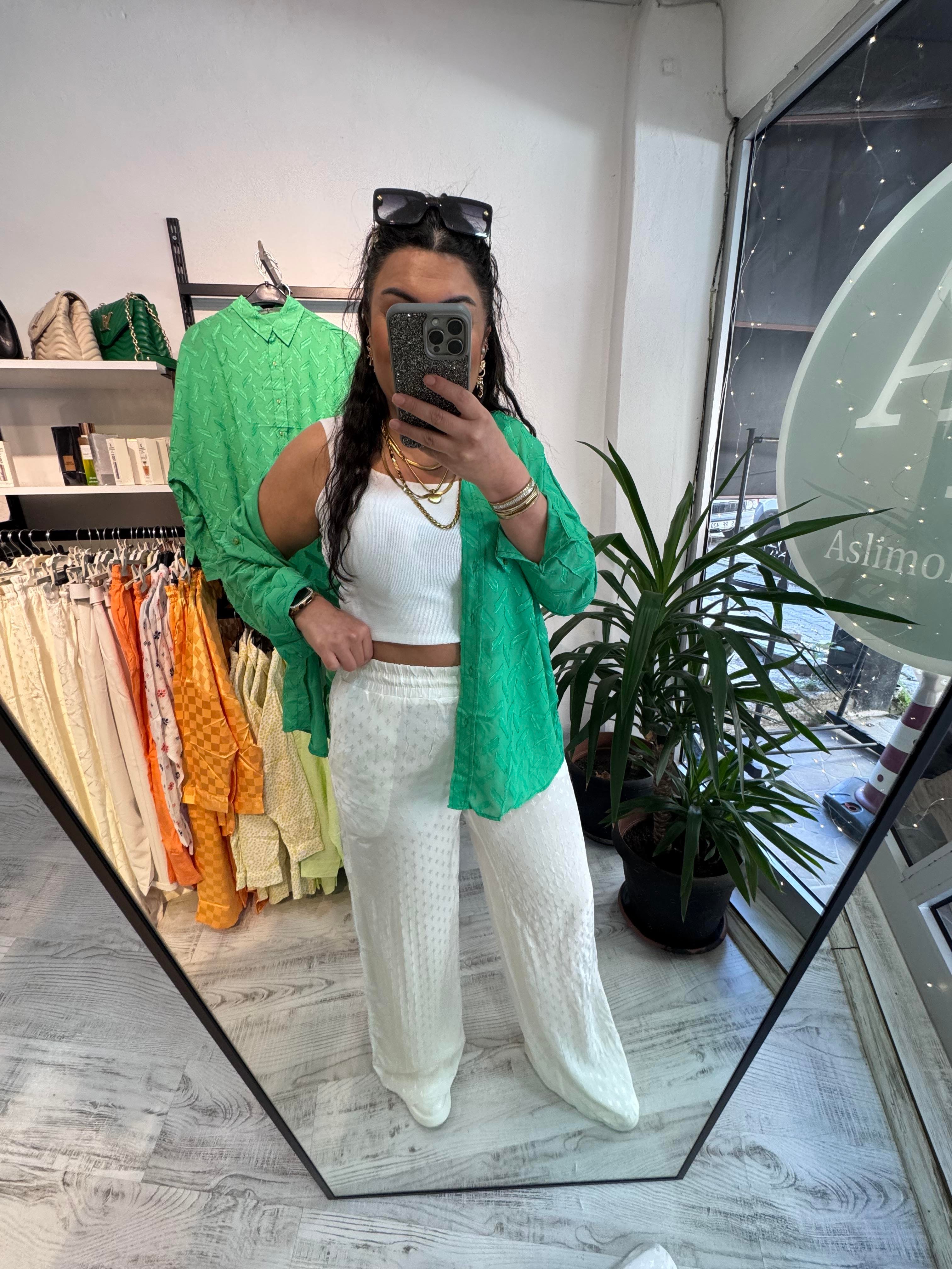 Jakarlı Mini Desenli Premium Seri Beyaz Palazzo Pantolon