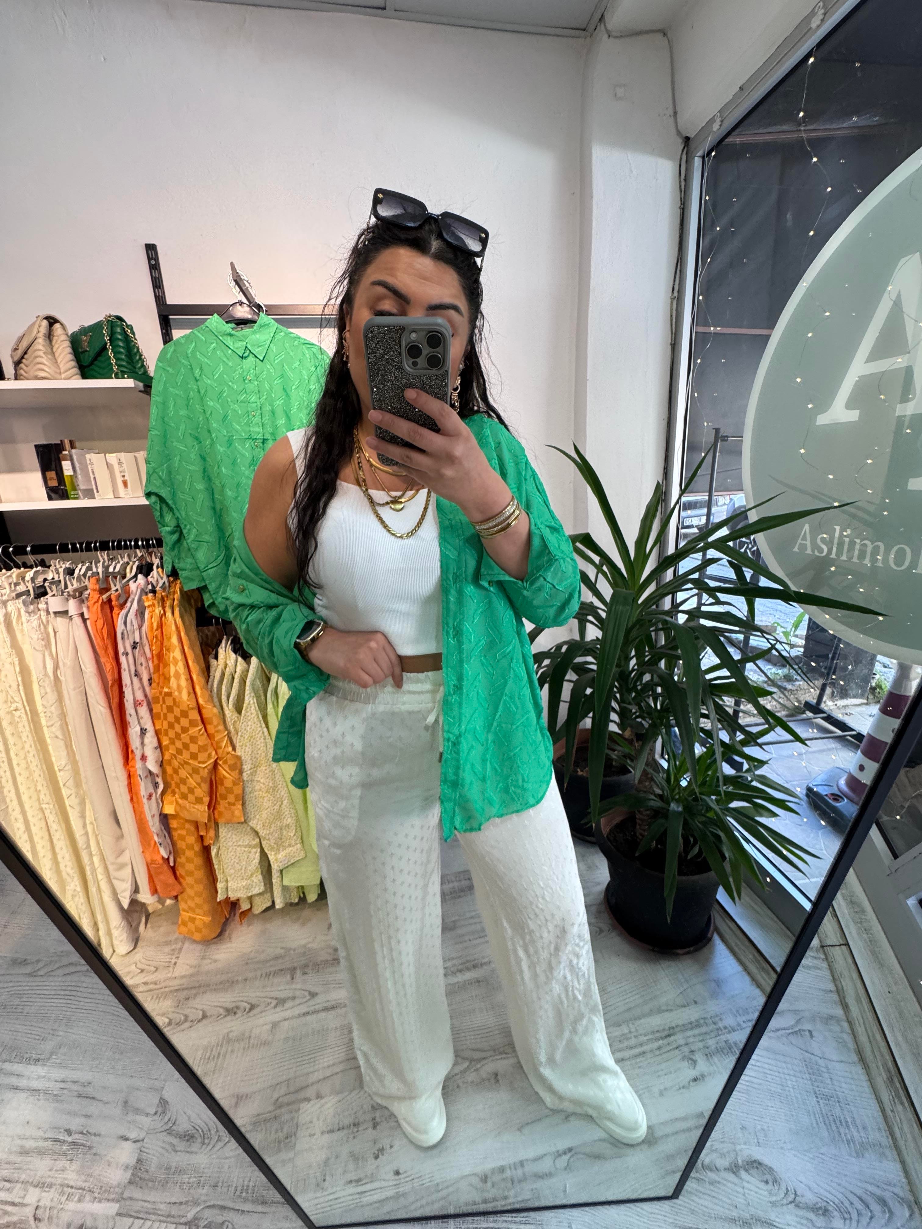 Jakarlı Mini Desenli Premium Seri Beyaz Palazzo Pantolon