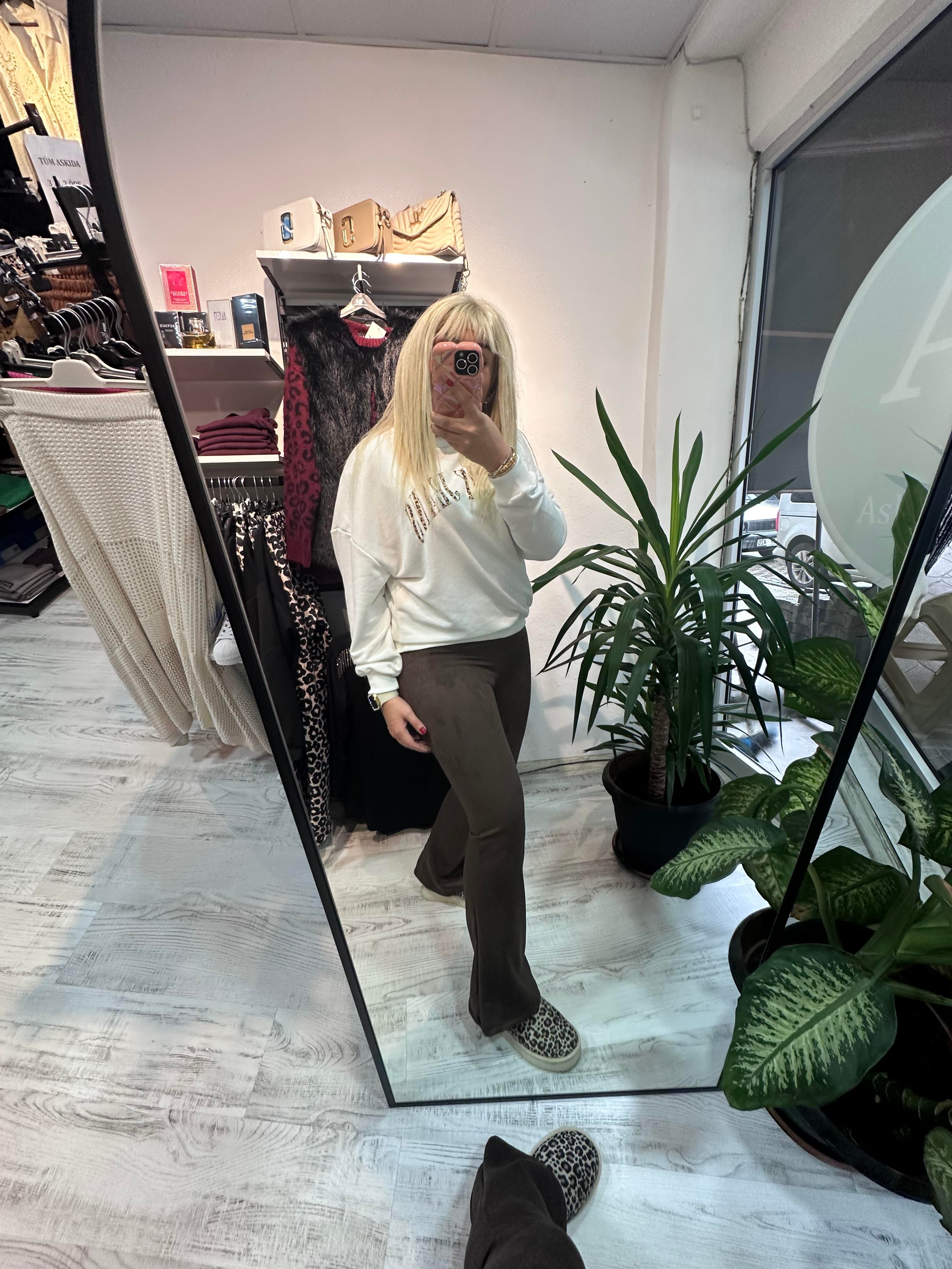 Kahverengi Süet Kumaş Likralı Tayt Pantolon